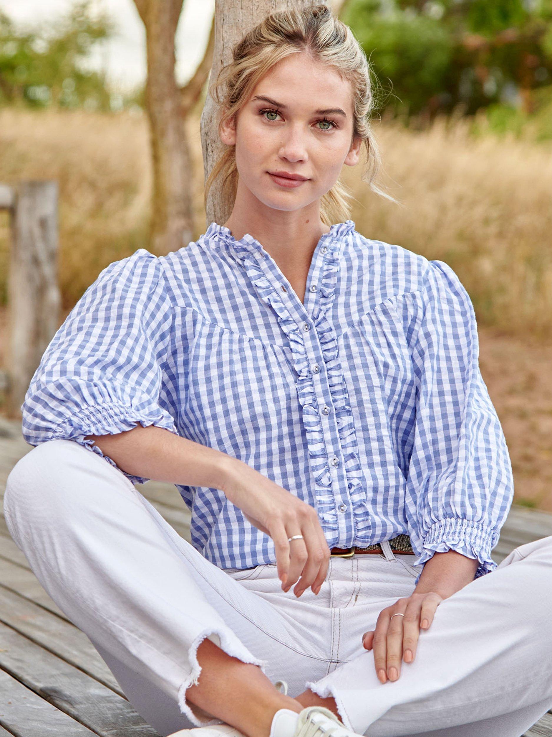 Product image 4 of 5, which shows Aspiga Carrie Emroidered Cotton Blouse, Blue/White, XS