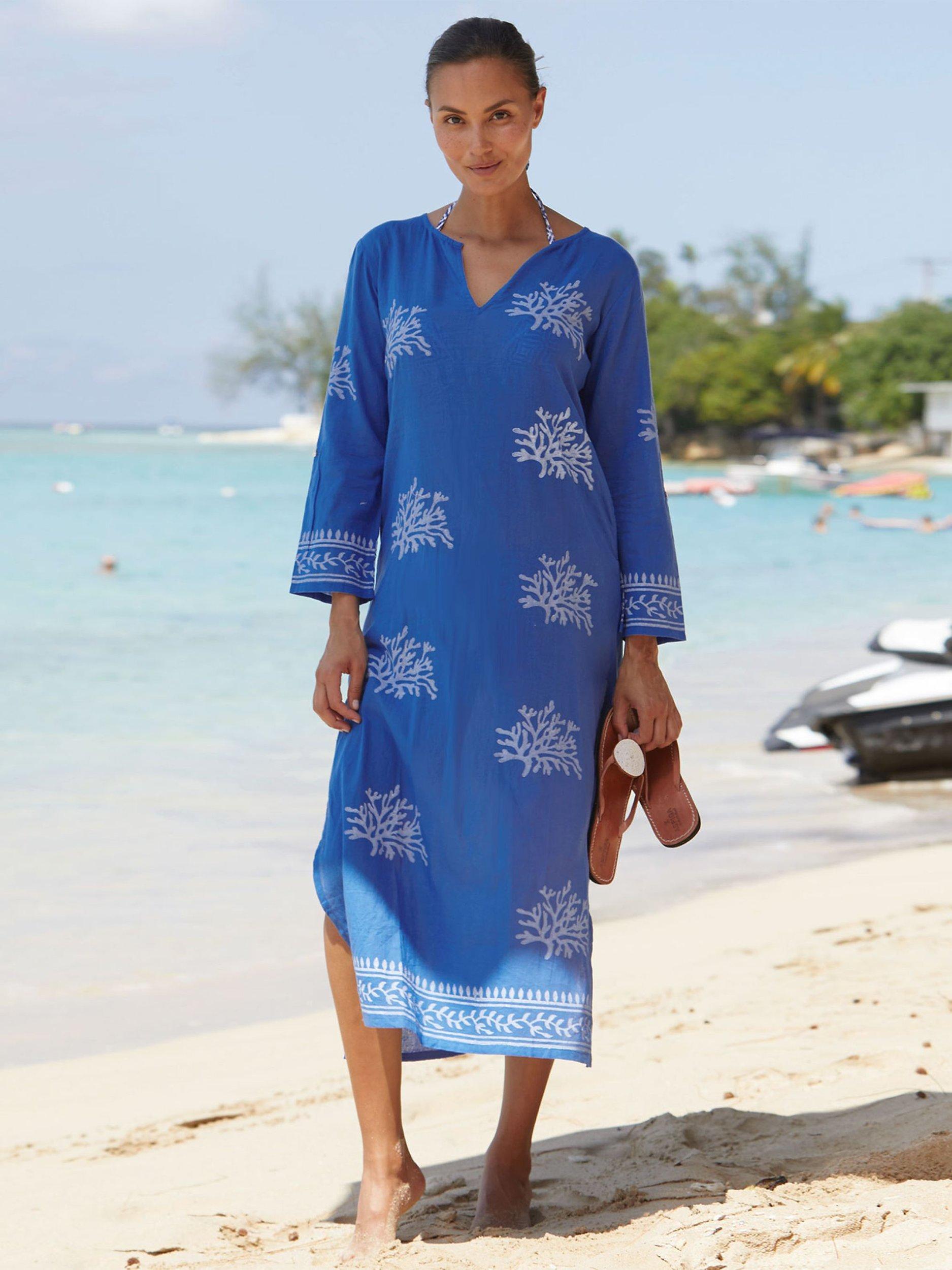 Product image 1 of 3, which shows Aspiga Organic Cotton Maxi Kaftan, Cobalt/White, XS