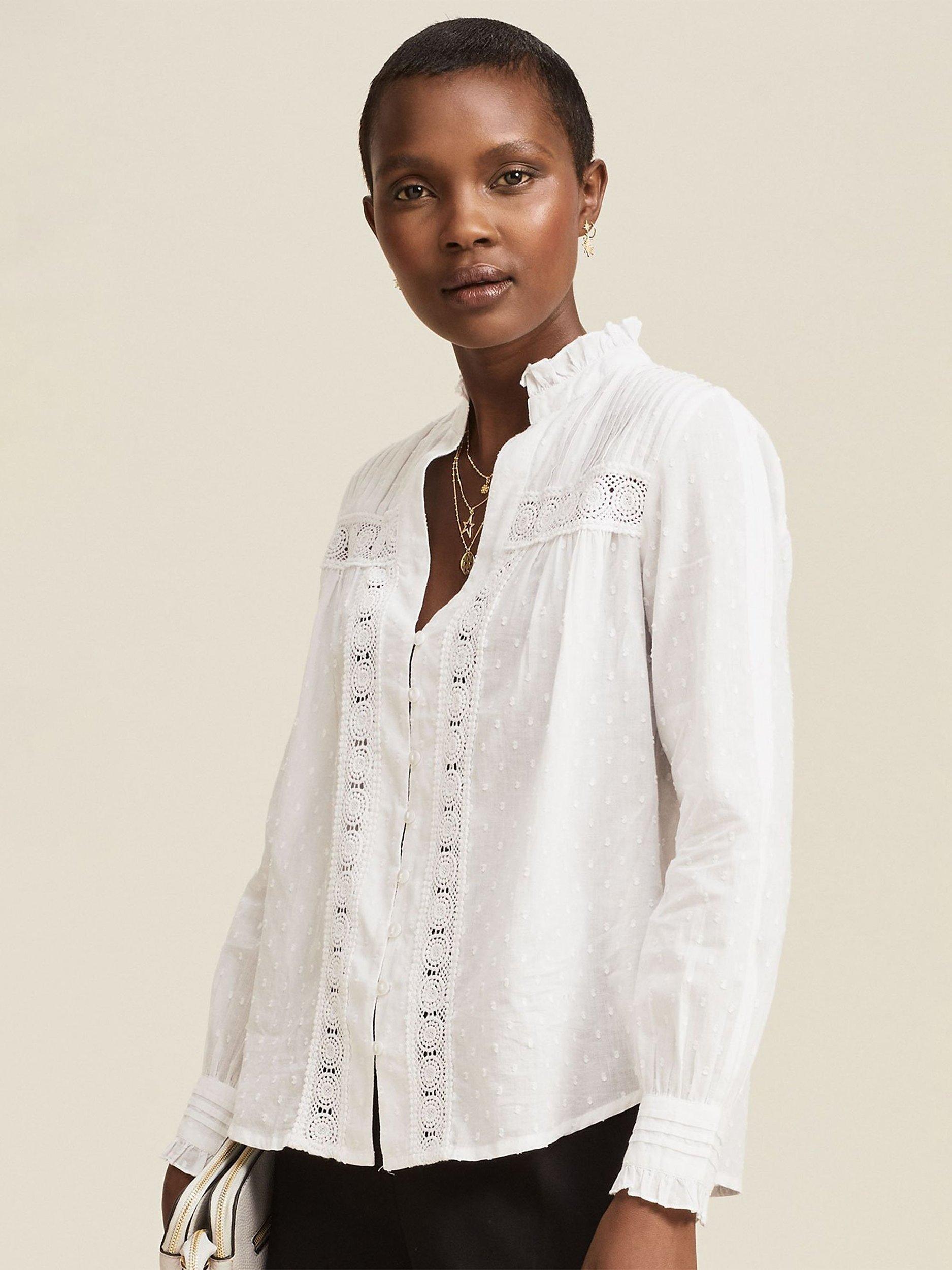 Product image 1 of 6, which shows Aspiga Carrie Embroidered Organic Cotton Blouse, White, XS