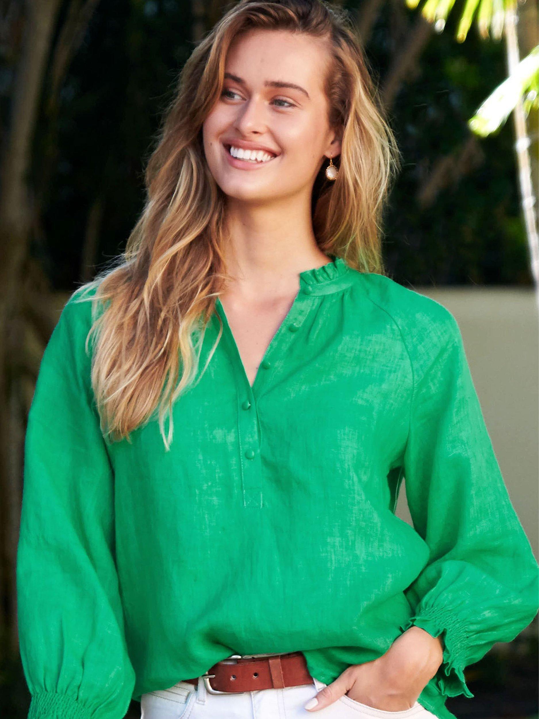 Aspiga Danna Linen Frill Neck Blouse, Gumdrop Green