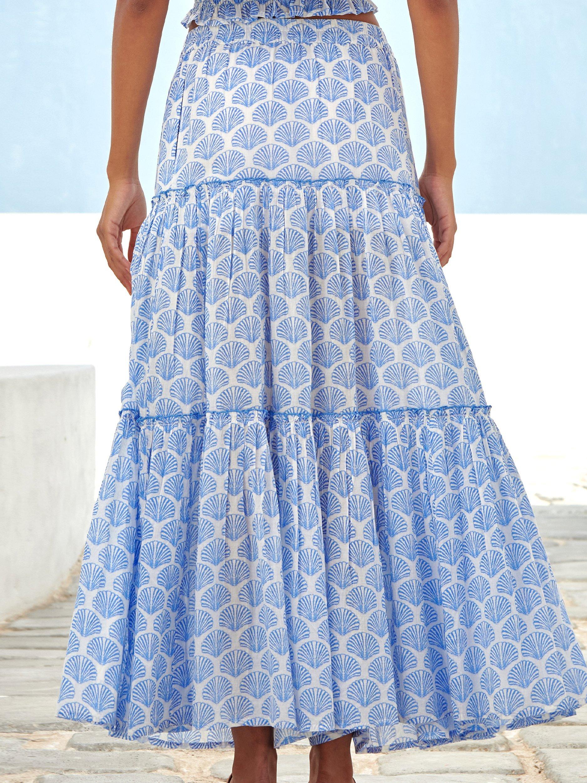 Product image 2 of 8, which shows Aspiga Bea Boho Organic Cotton Maxi Skirt, Blue/White, XS