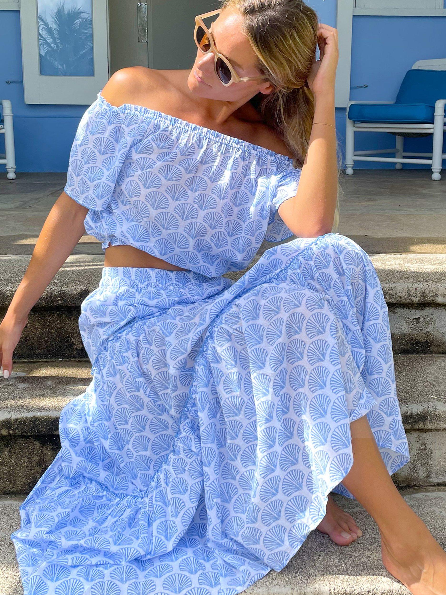 Product image 6 of 8, which shows Aspiga Bea Boho Organic Cotton Maxi Skirt, Blue/White, XS