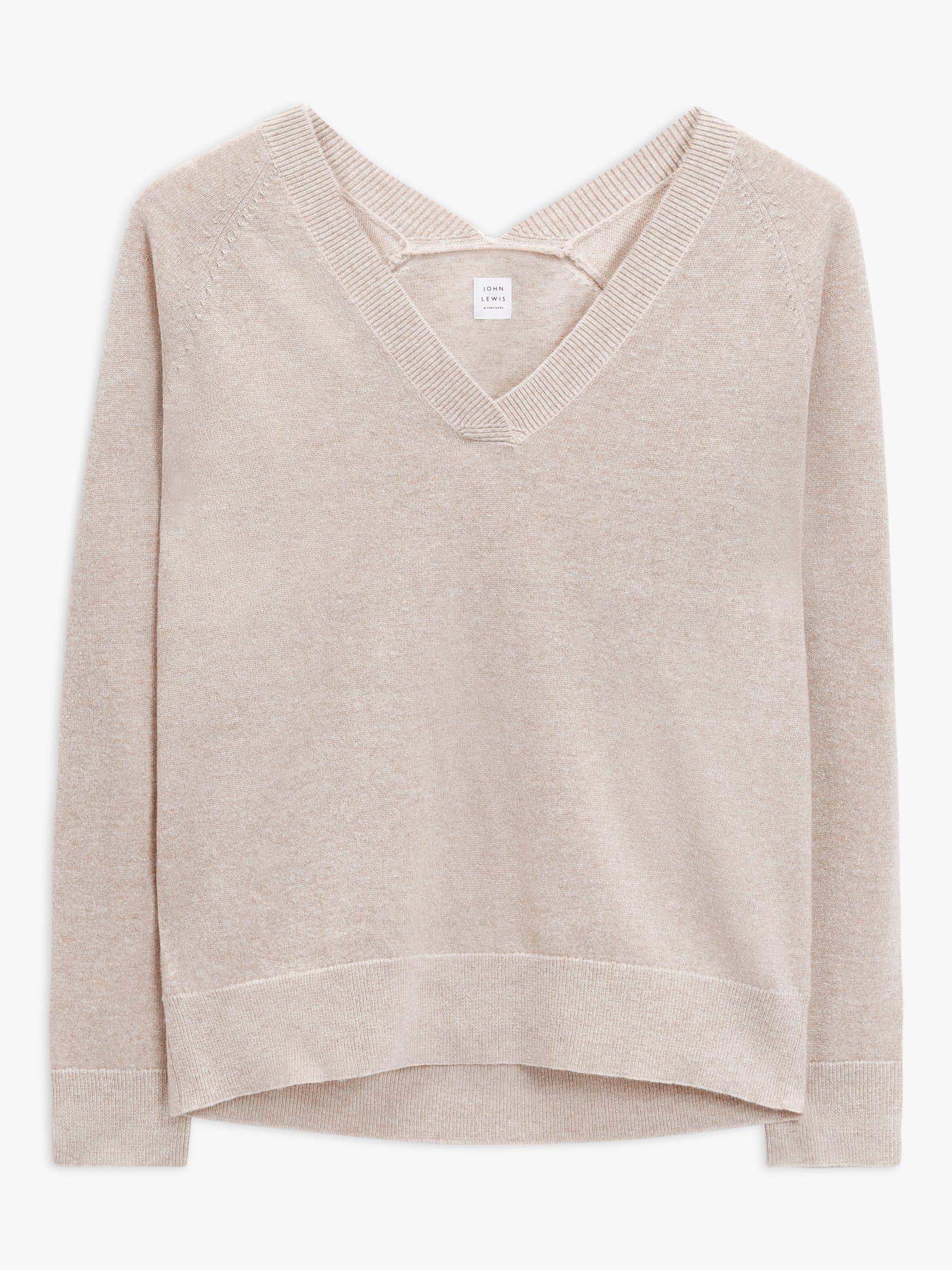John Lewis Lurex V-Neck Top, Natural/Silver, 14