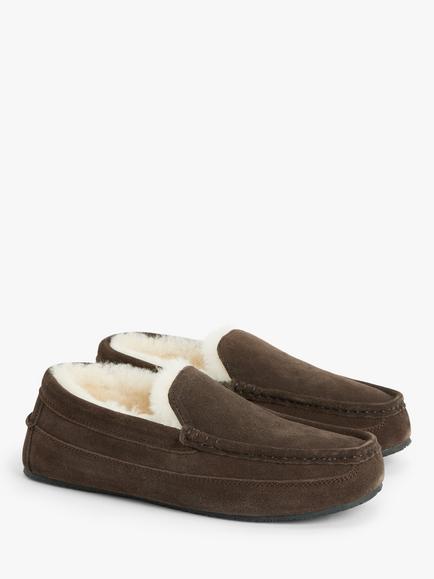 John Lewis Sheepskin Moccasin Suede Slippers - view 2, Chocolate