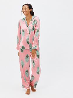Their Nibs Peacock Feather Print Satin Pyjamas, Pink/Multi