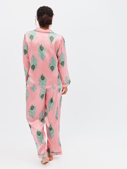 Their Nibs Peacock Feather Print Satin Pyjamas - view 2, Pink/Multi
