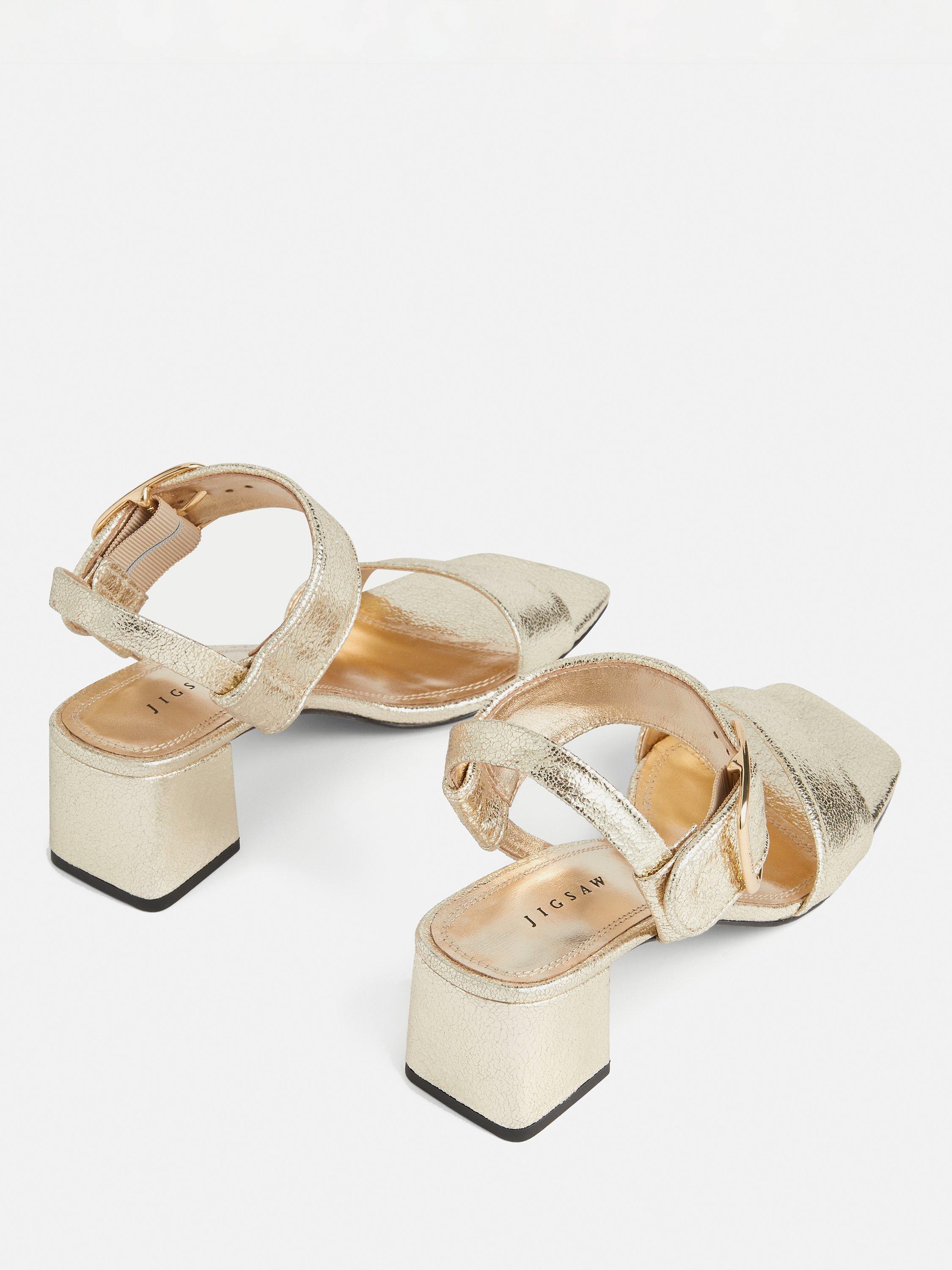 Product image 2 of 4, which shows Jigsaw Maybell Leather Block Heel Sandals, Gold, 6