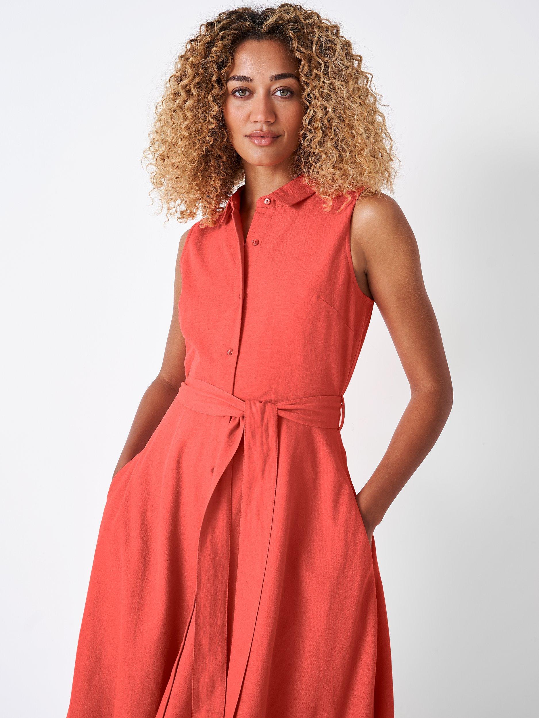 Crew Clothing Linen Blend Midi Shirt Dress, Coral Pink