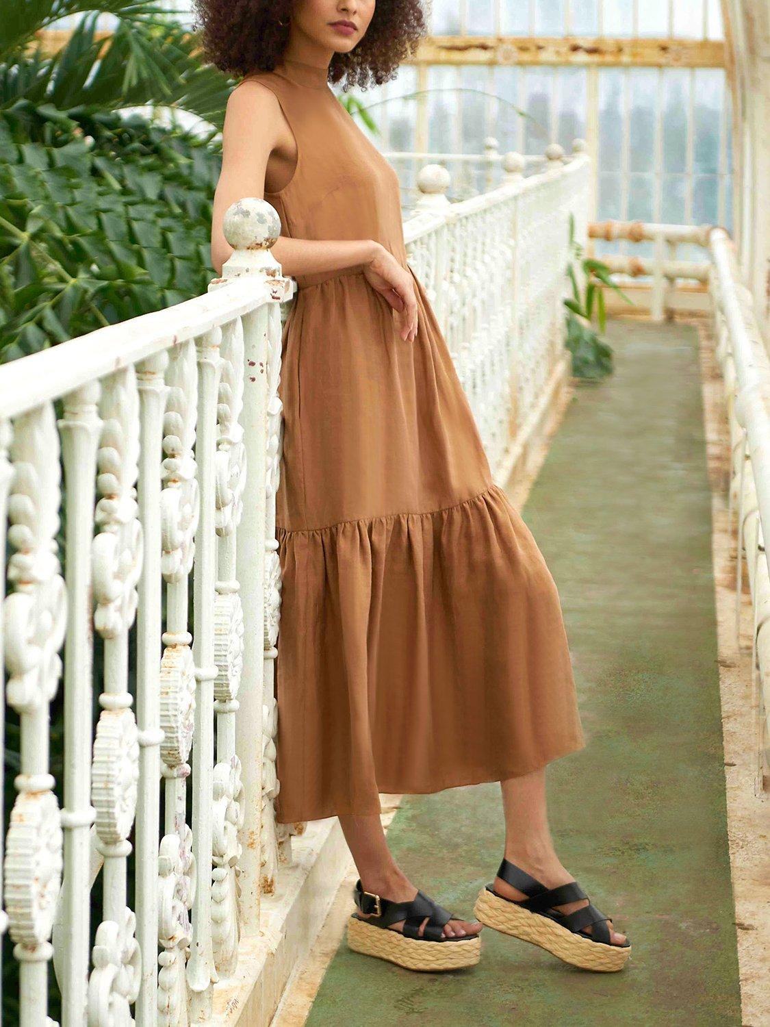Ro&Zo Linen Blend Tiered Midi Dress, Tobacco