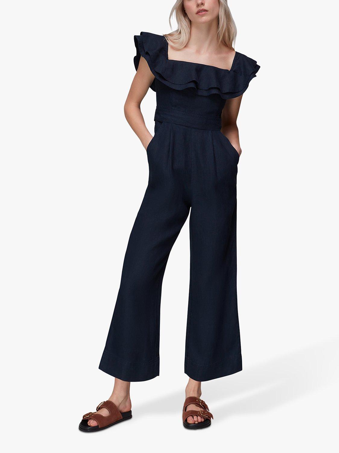 Whistles Tabi Linen Bardot Jumpsuit, Navy