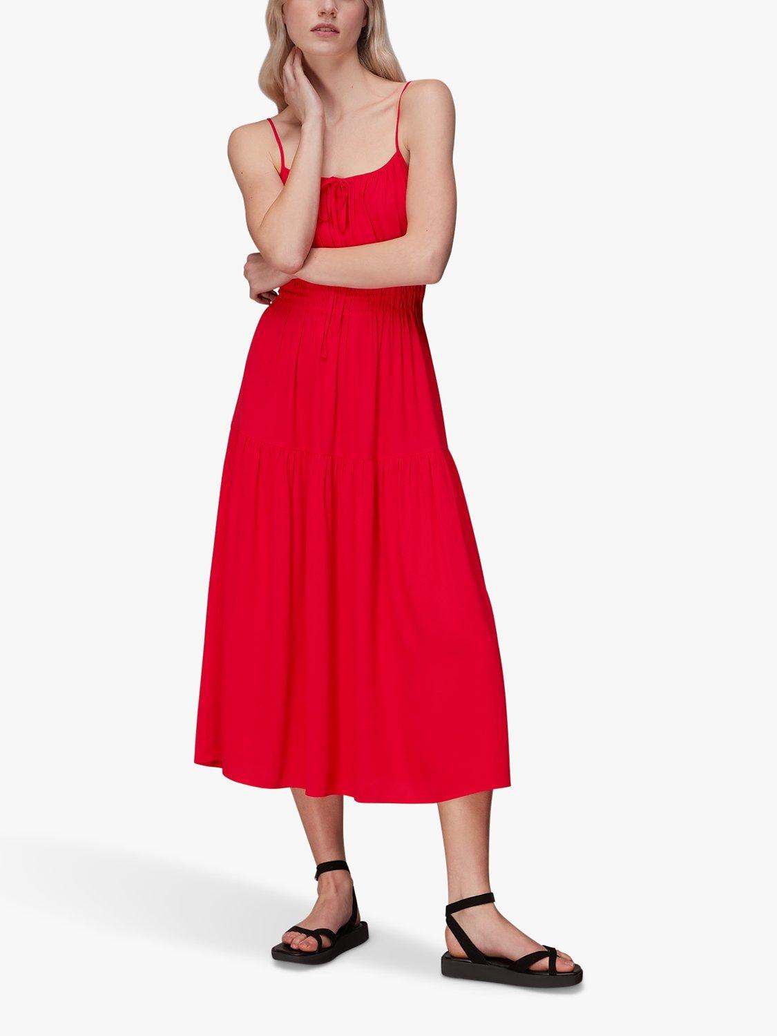 Whistles Gracie Crepe Smocked Midi Dress, Red