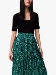 Whistles Watercolour Wildcat Print Tiered Midi Skirt, Green/Multi