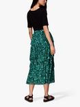 Whistles Watercolour Wildcat Print Tiered Midi Skirt, Green/Multi