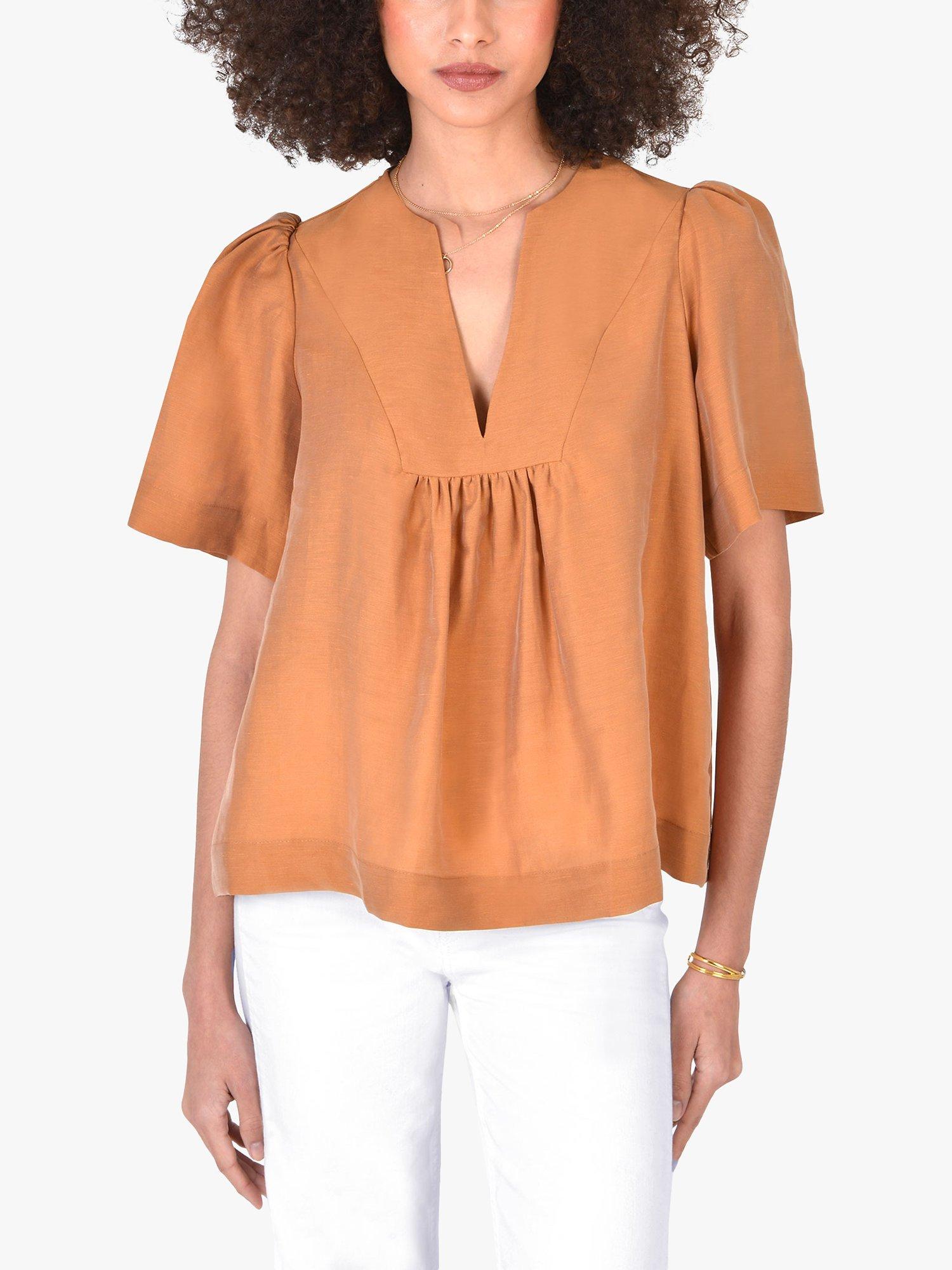 Ro&Zo Pleat Detail Linen Blend Top, Tobacco