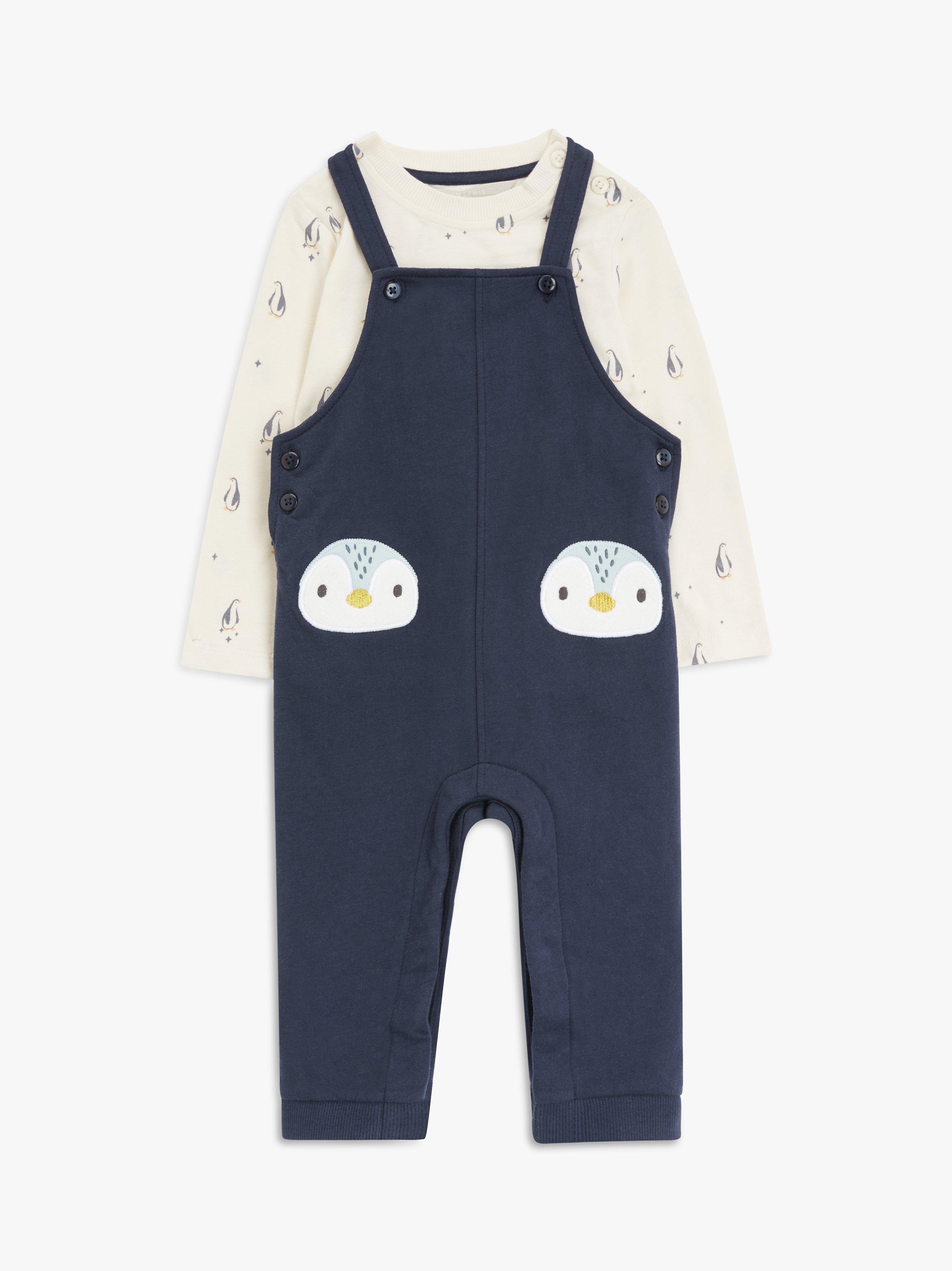 John Lewis Baby Penguin Jersey Top & Dungaree Set, Blue/Multi