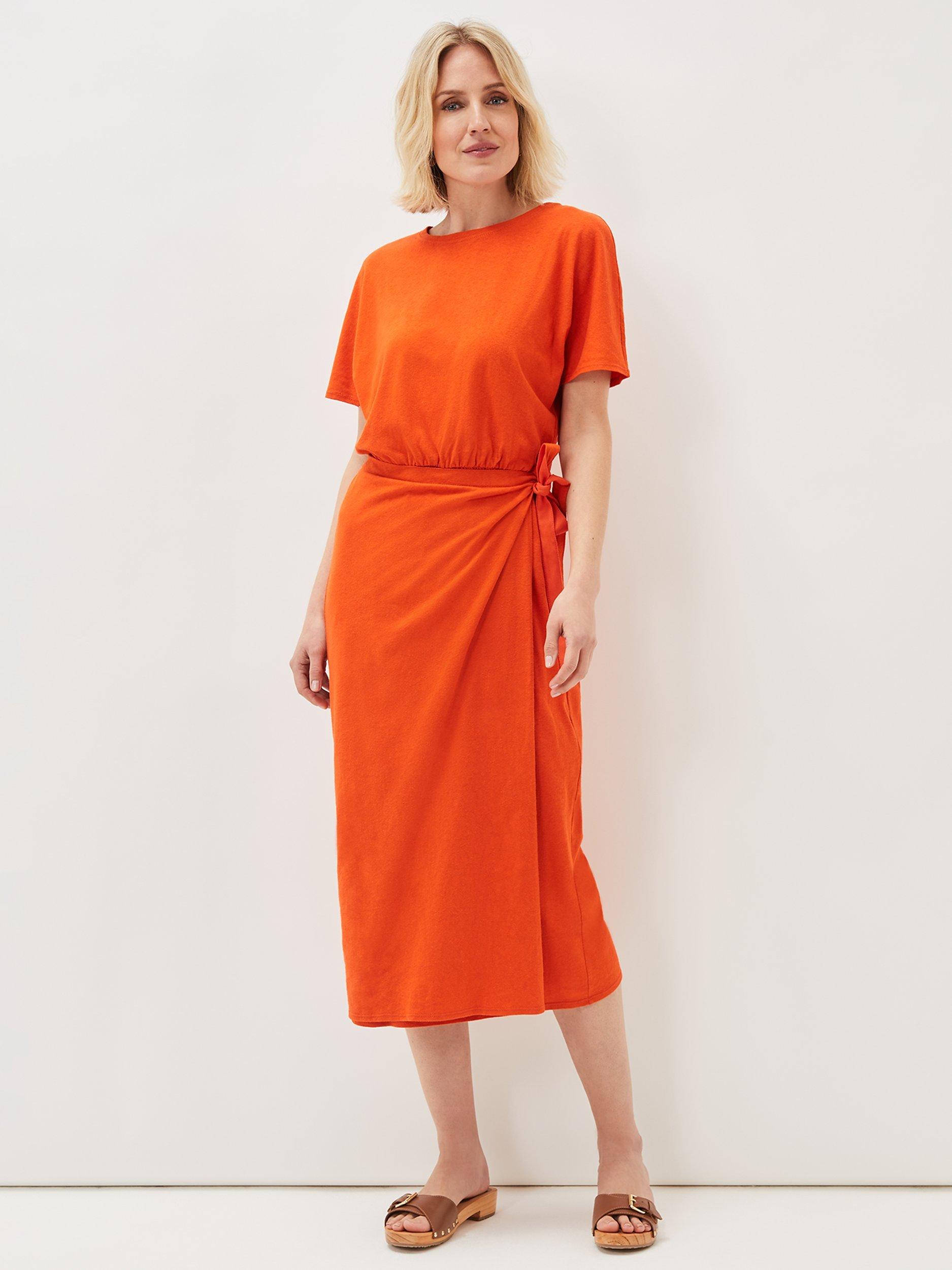 Phase Eight Emmalyn Tie Waist Linen Blend Midi Dress, Tangerine, 14