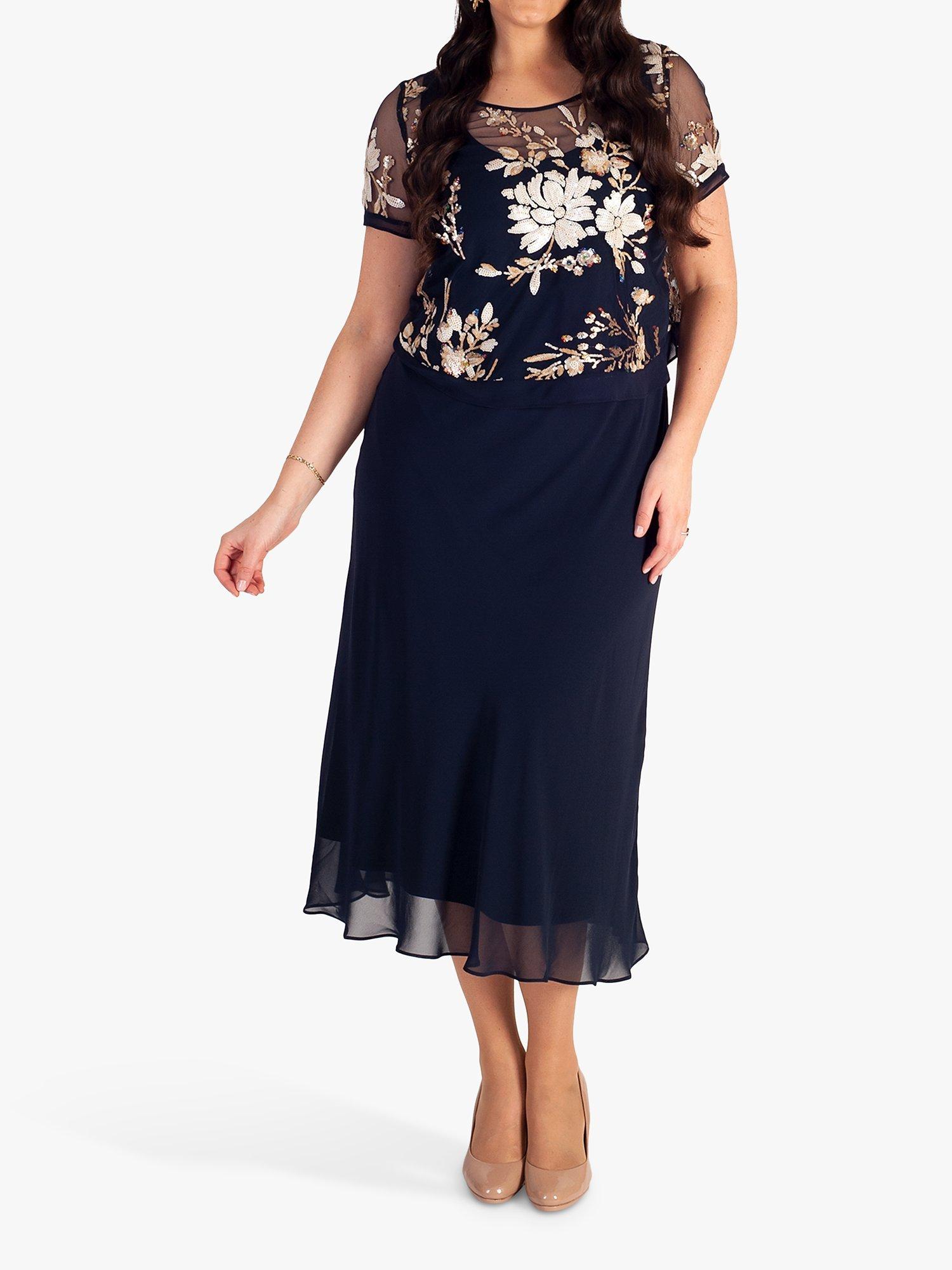 Product image 1 of 6, which shows chesca Embroidered Sequin Midi Dress, Navy, 14