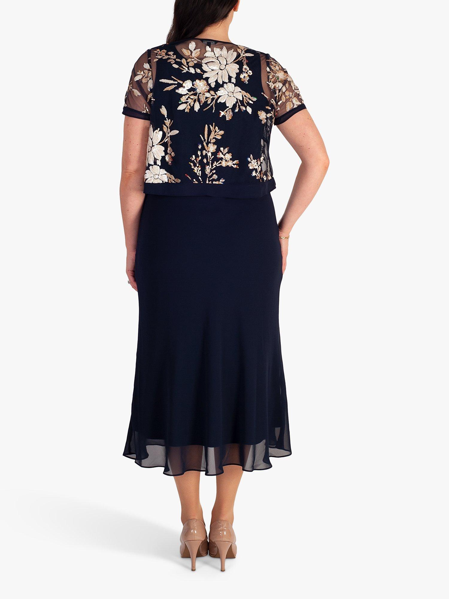 Product image 2 of 6, which shows chesca Embroidered Sequin Midi Dress, Navy, 14