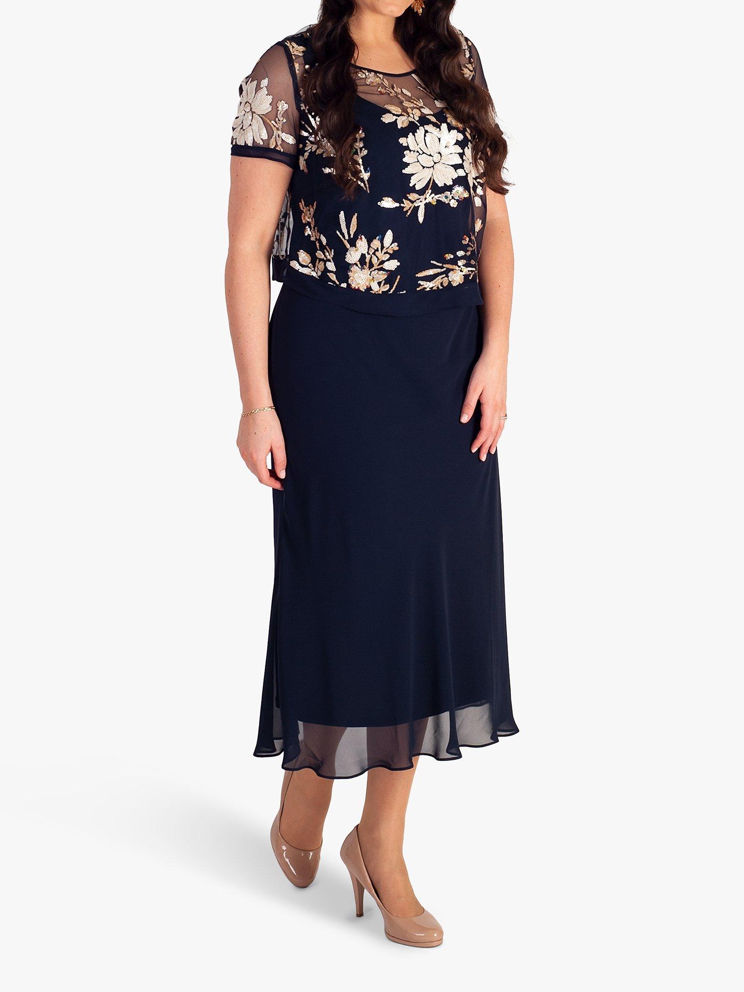 Product image 3 of 6, which shows chesca Embroidered Sequin Midi Dress, Navy, 14