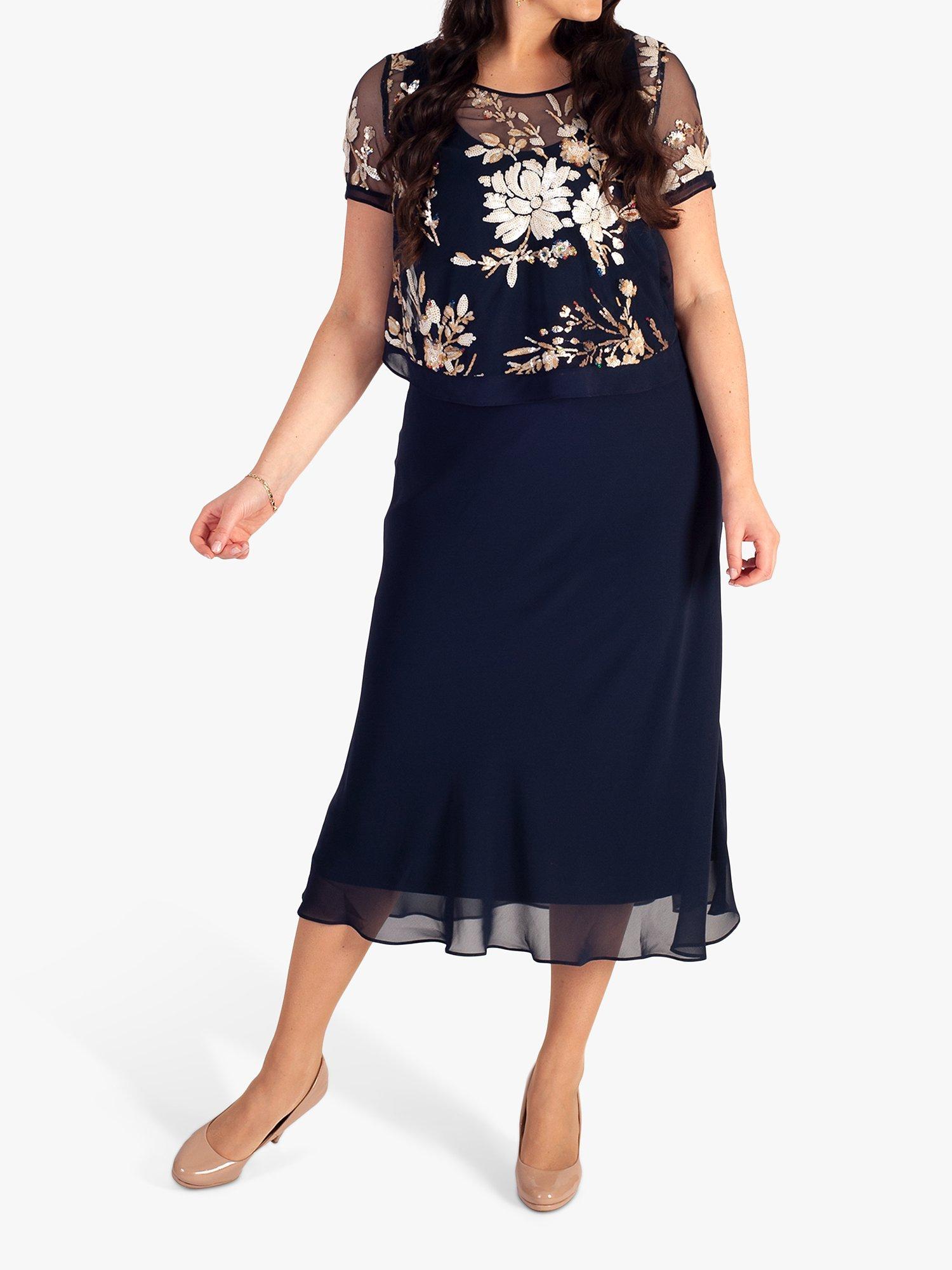 Product image 4 of 6, which shows chesca Embroidered Sequin Midi Dress, Navy, 14