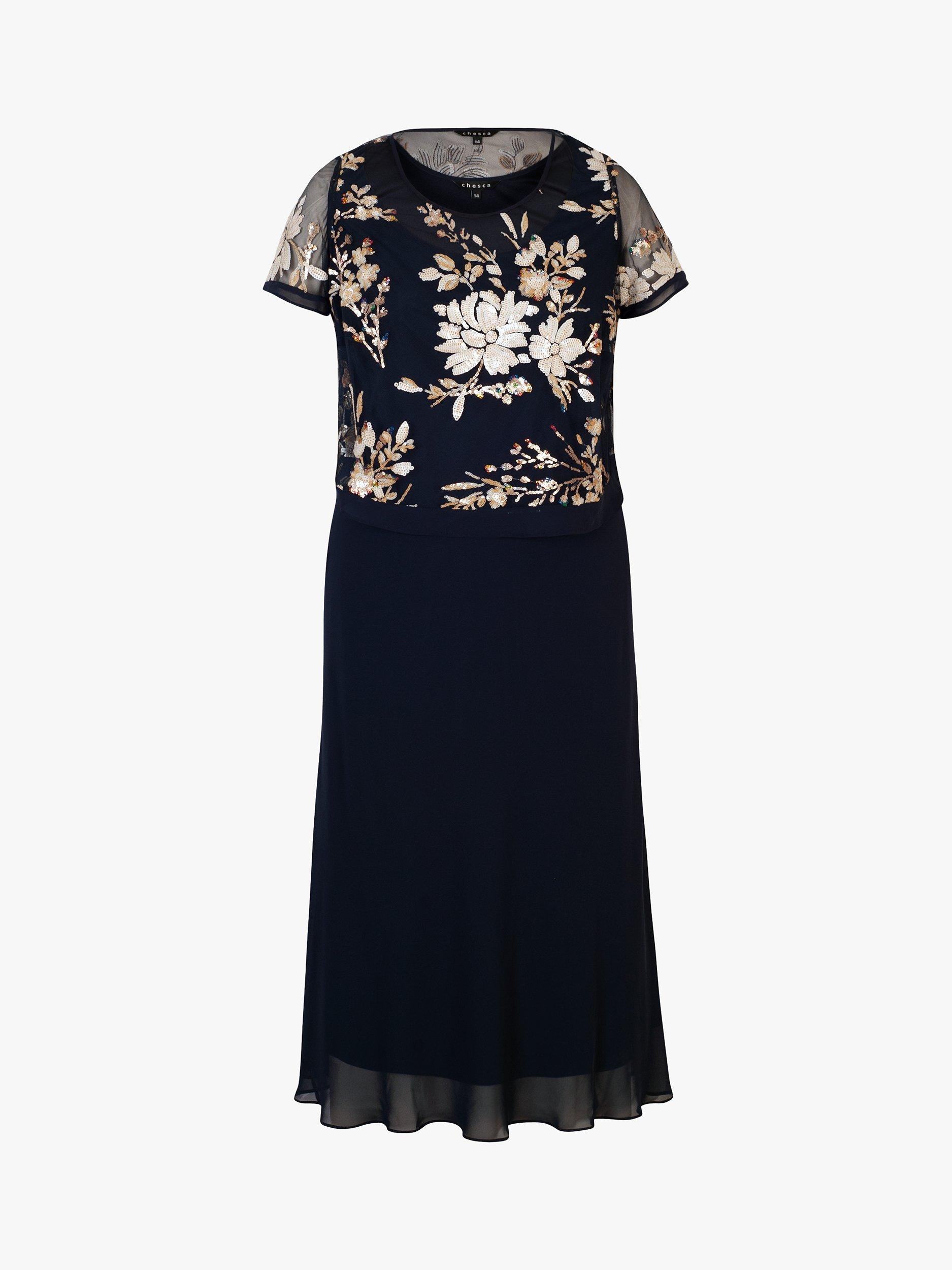 Product image 5 of 6, which shows chesca Embroidered Sequin Midi Dress, Navy, 14