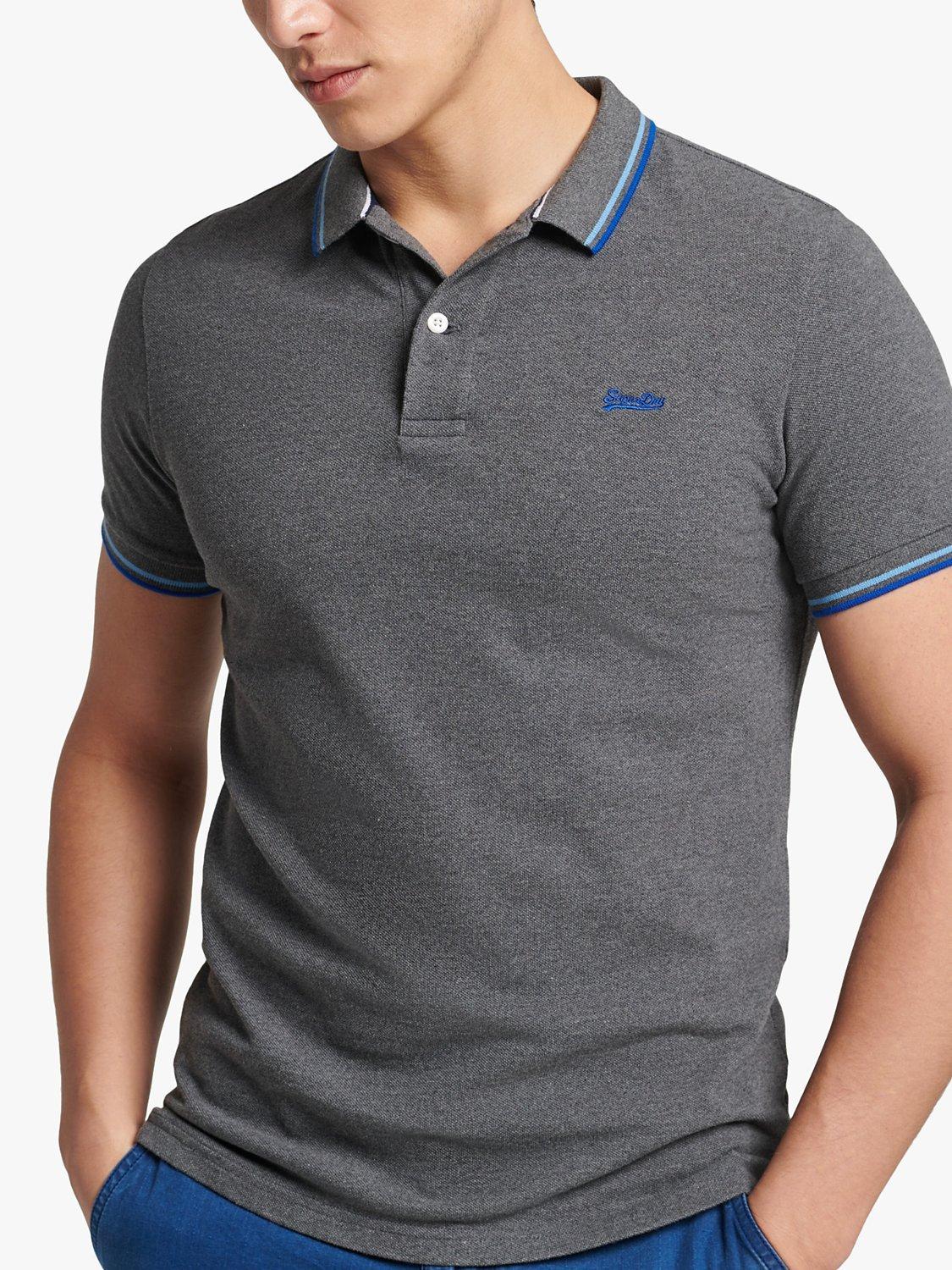 Superdry Vintage Pique Short Sleeve Polo Top, Charcoal Marl/Royal