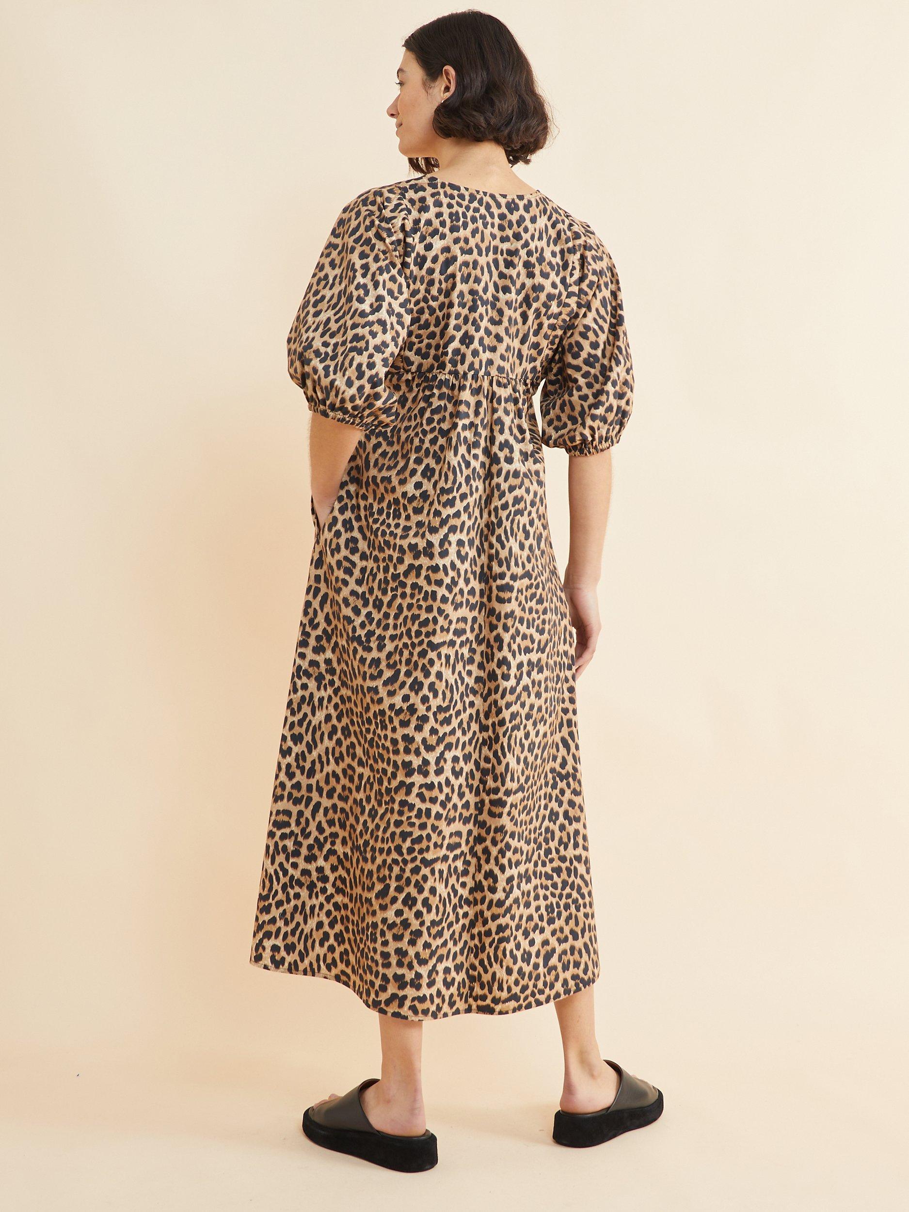 Product image 2 of 4, which shows Albaray Organic Cotton Leopard Midi Dress, Brown, 8