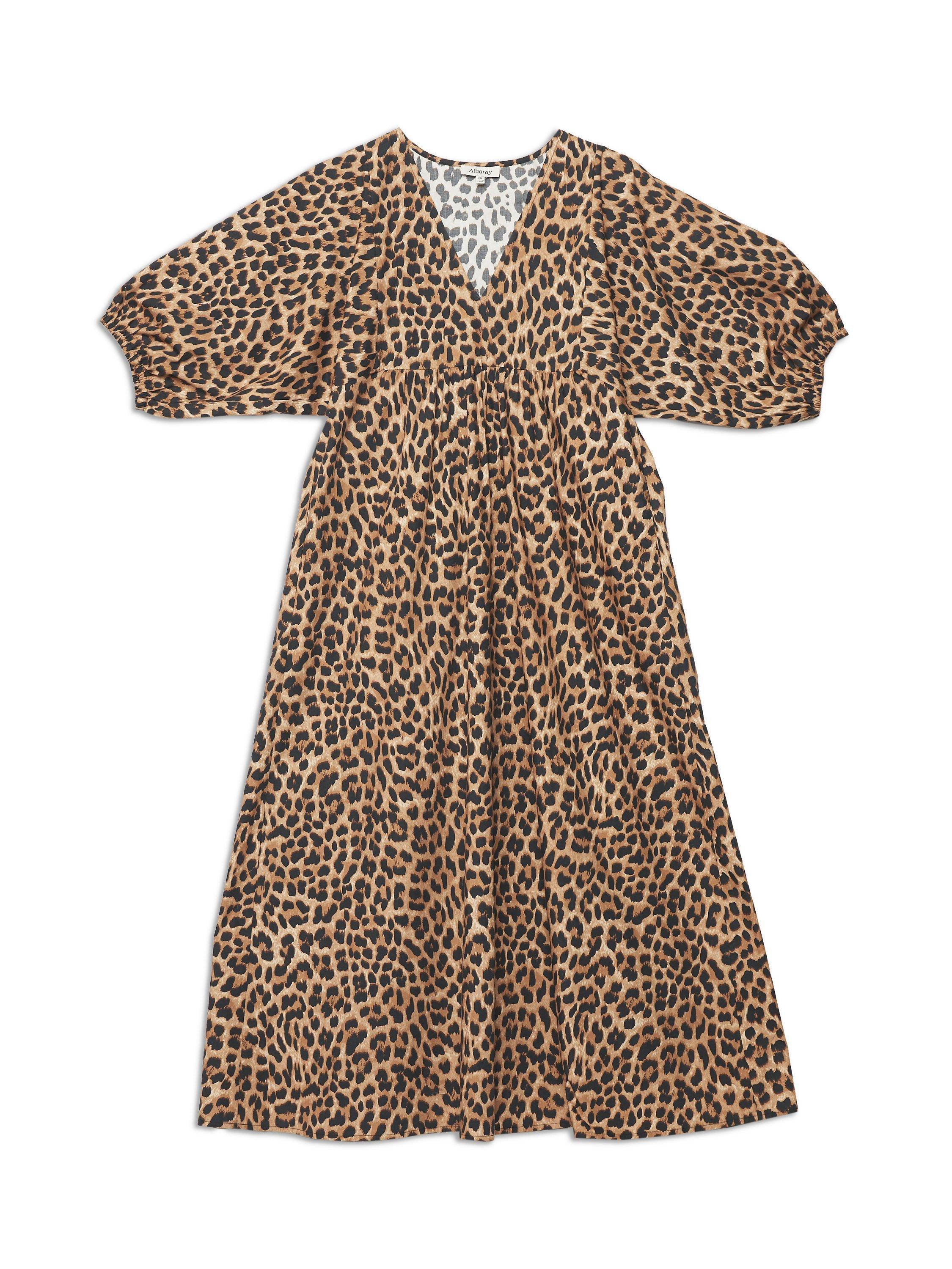 Product image 4 of 4, which shows Albaray Organic Cotton Leopard Midi Dress, Brown, 8