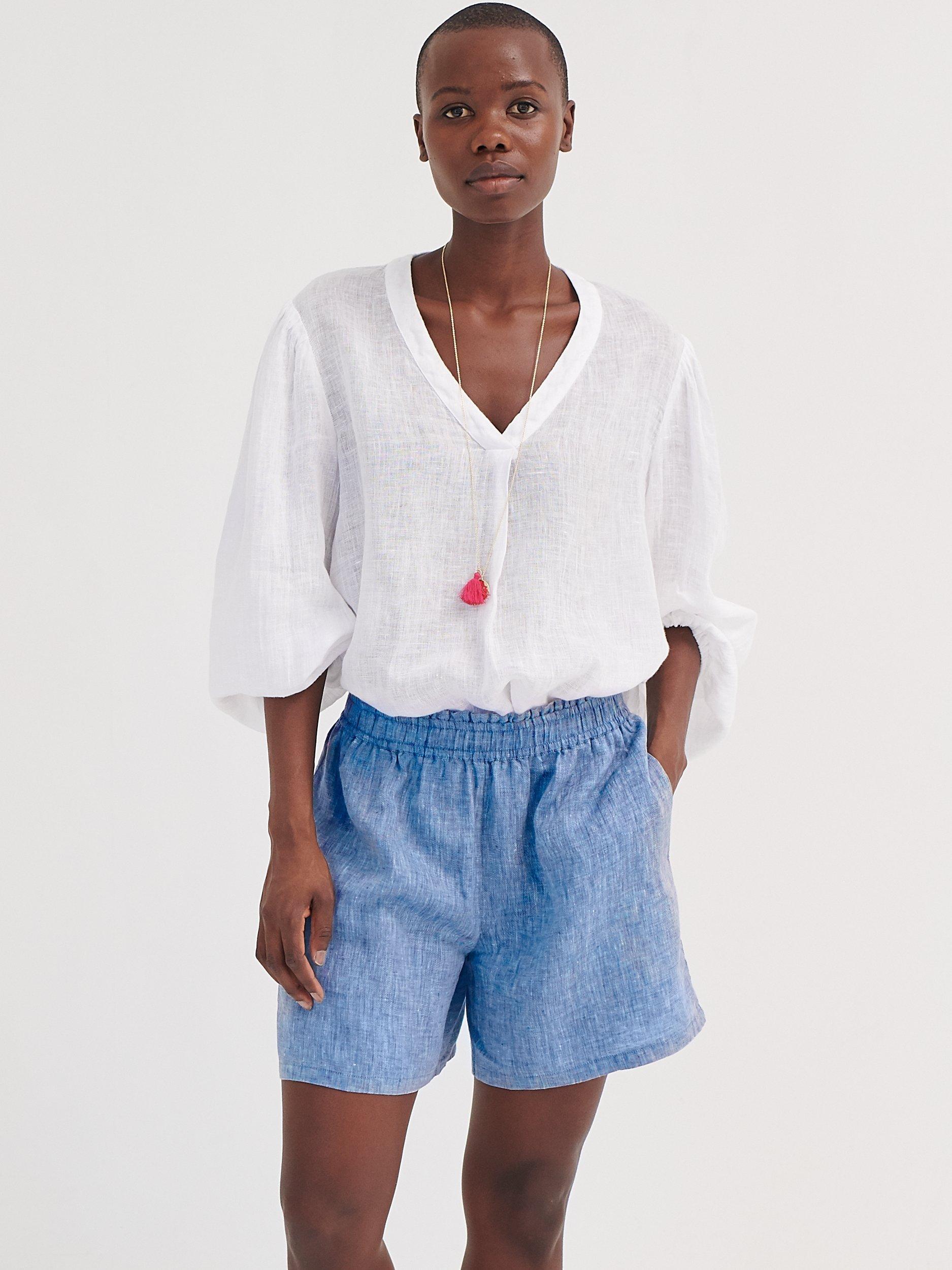 NRBY Marnie Gauze Linen V-Neck Top, White 