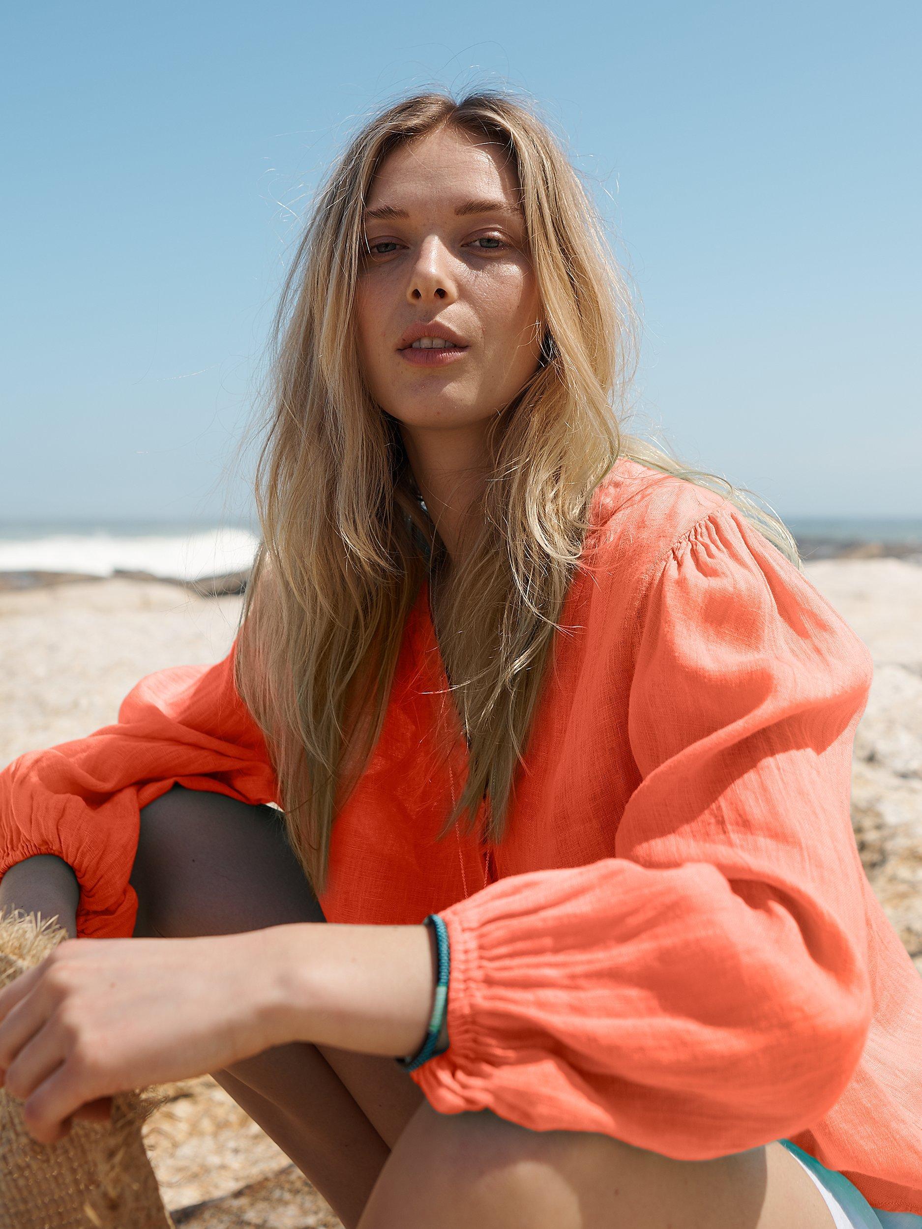 NRBY Marnie Gauze Linen V-Neck Top, Soft Orange