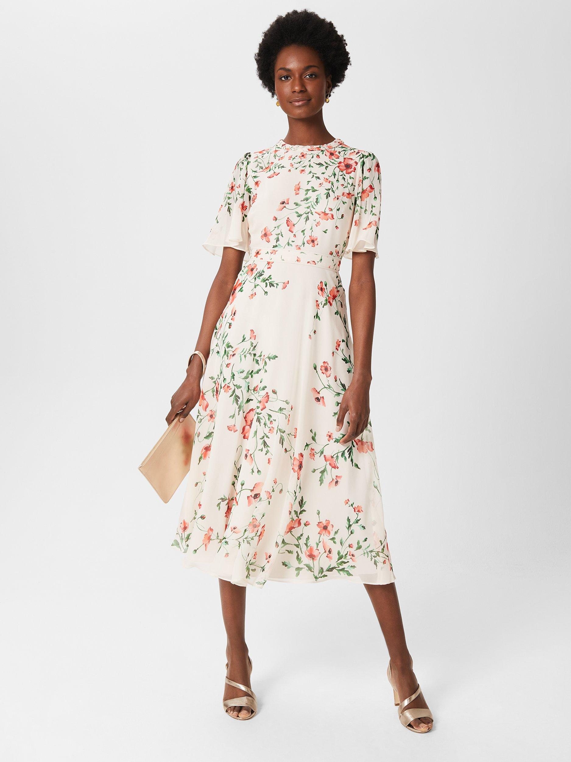 Hobbs Gianna Silk Floral Midi Dress, Cream/Red