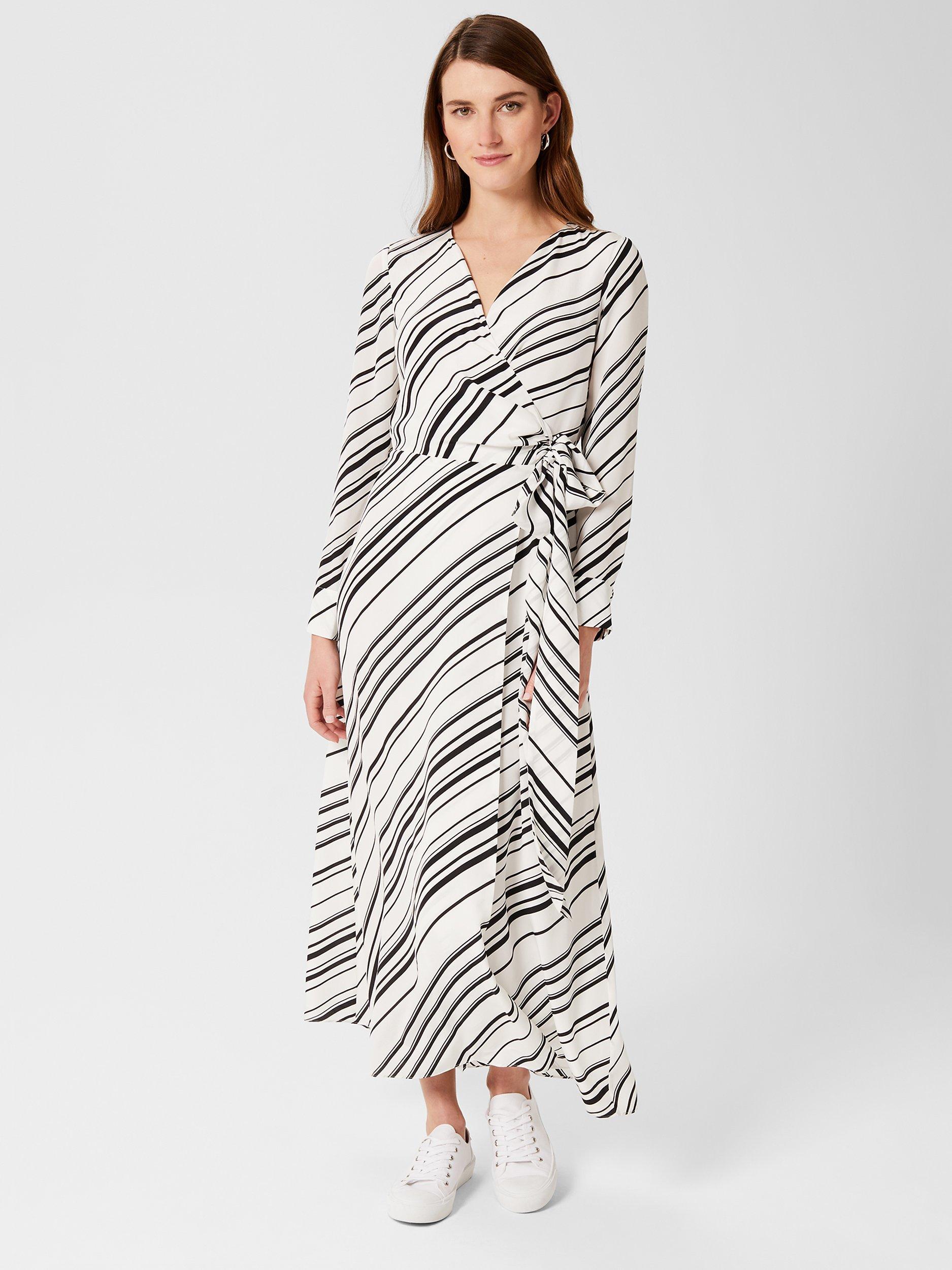 Hobbs Yasmine Silk Stripe Midi Dress, Ivory/Black