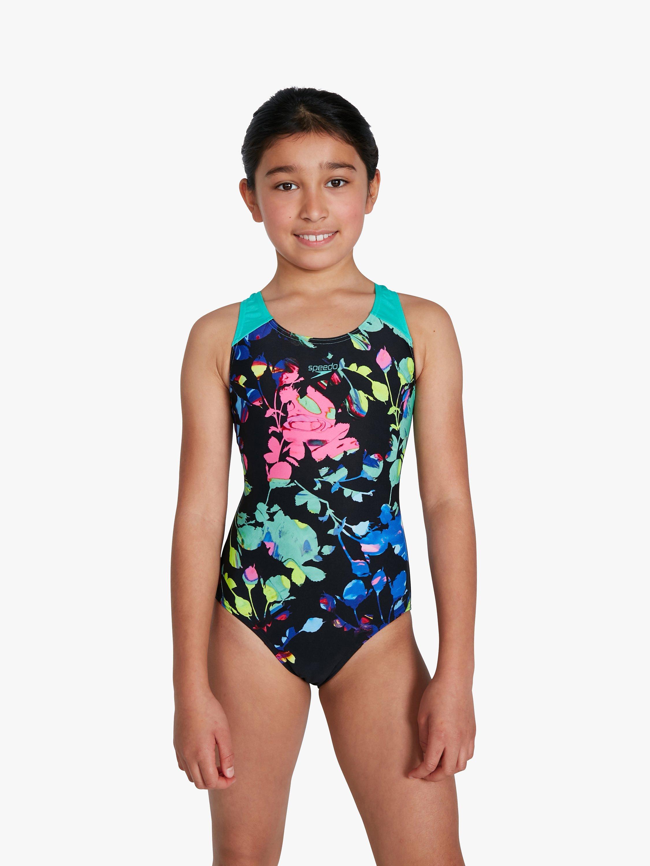 Speedo Kids' Splashback Swimsuit, Black Floral