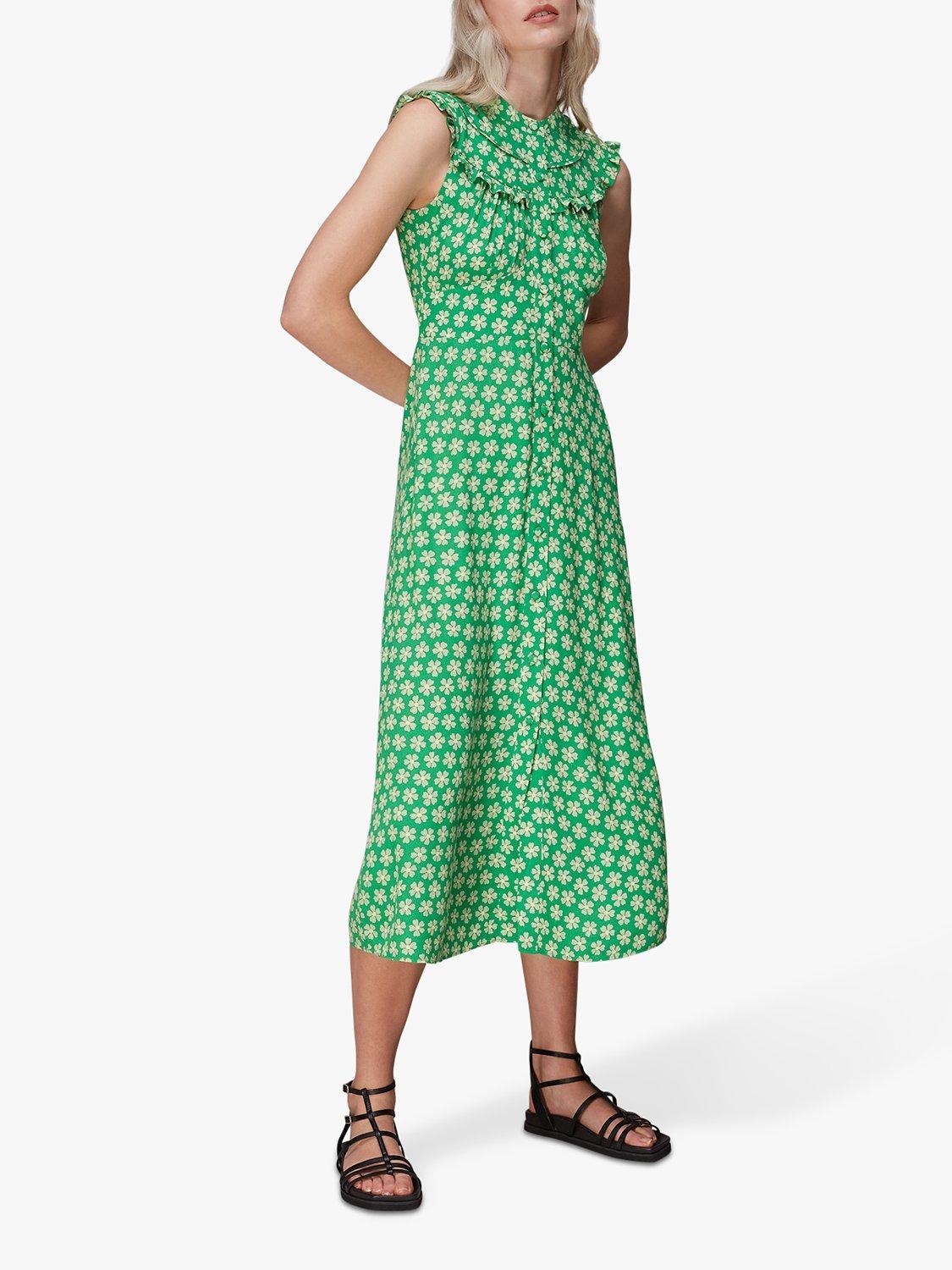 Whistles Daisy Print Frill Midi Dress, Green/Multi
