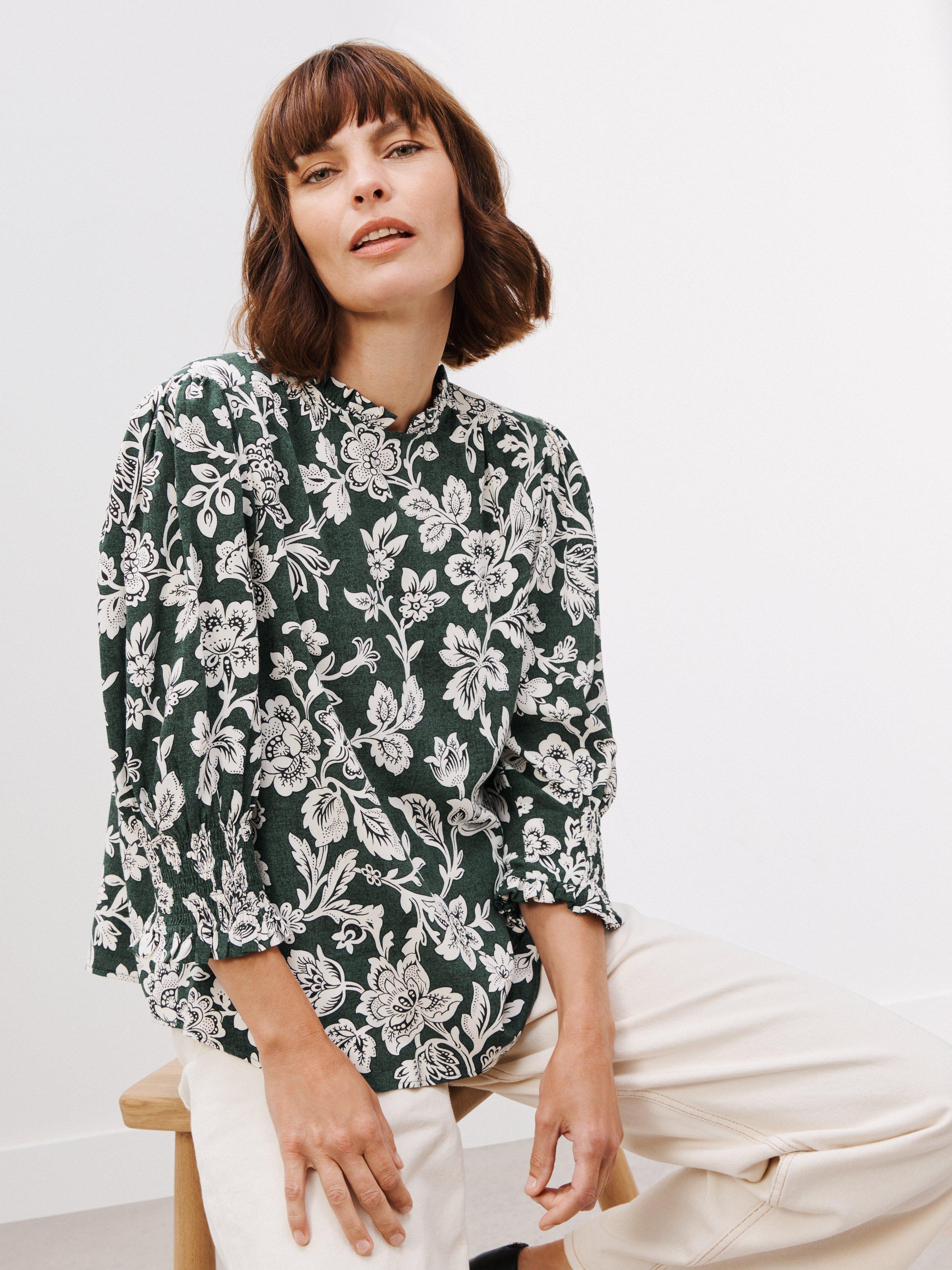 John Lewis Archive Floral Print Blouse, Emerald Green/Ecru