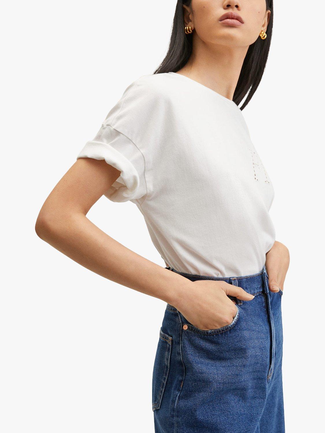 Mango Fleur Slogan T-Shirt, White