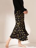 Truly Daisy Print Asymmetric Midi Skirt, Black/Yellow