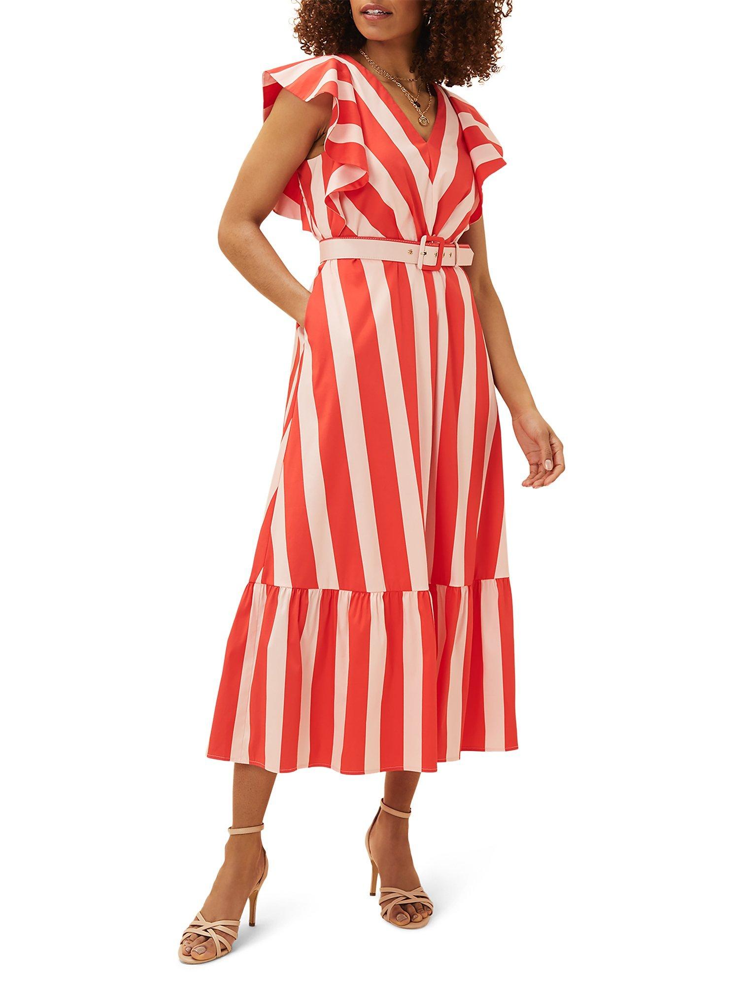 Phase Eight Lottie Striped Midi Dress, Fire/Pink