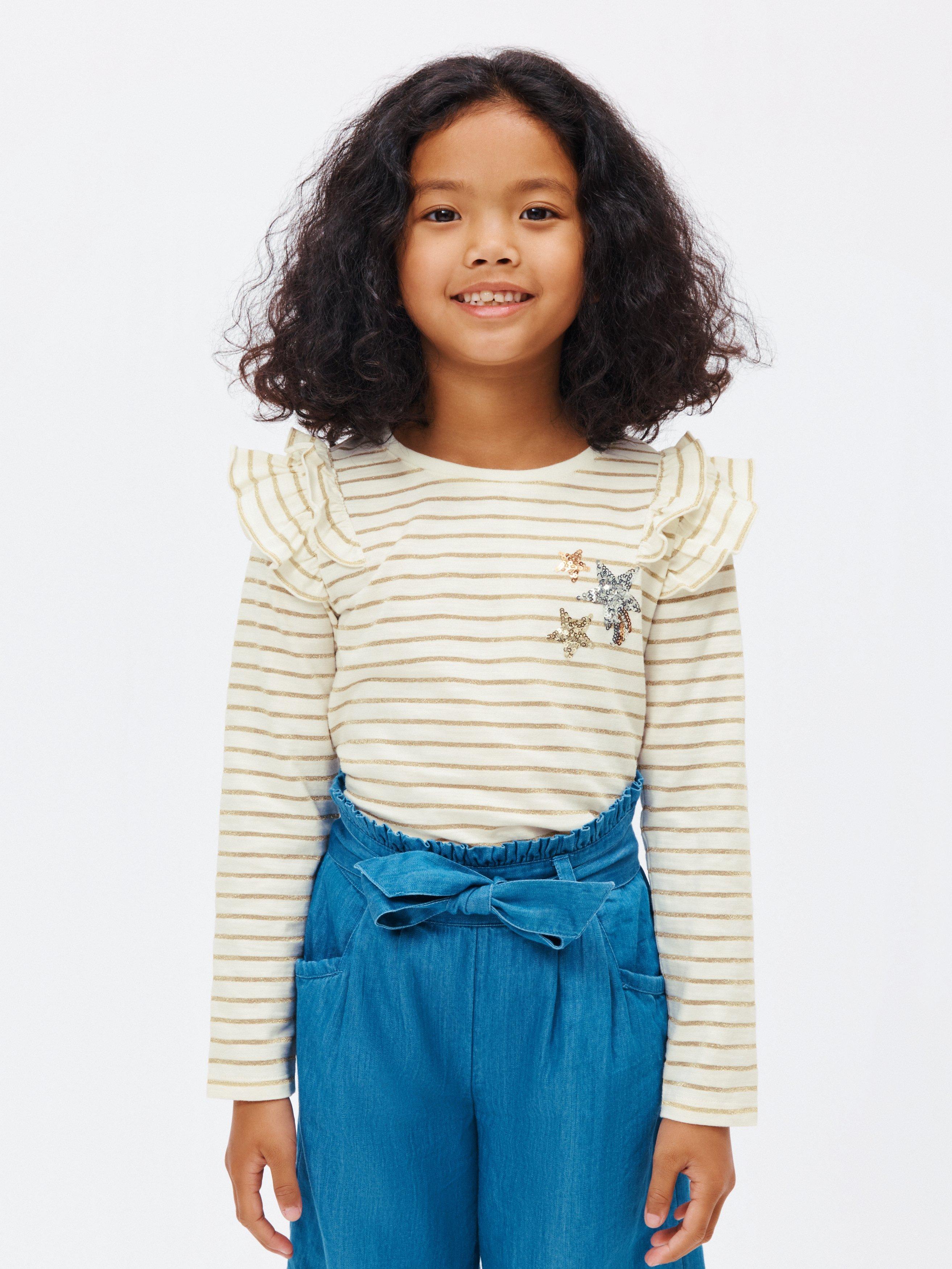 John Lewis Kids' Stripe Ruffle Sequin Stars Jersey Top, Neutral