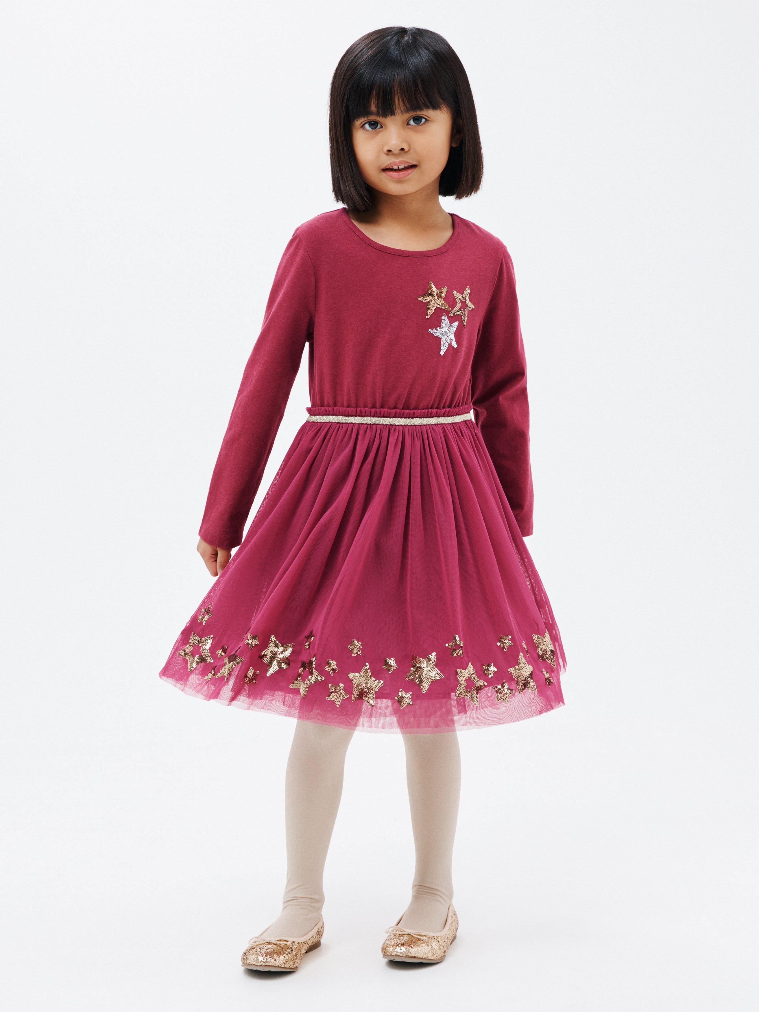 John Lewis Kids' Sequin Star Jersey Top Tulle Skirt Dress, Berry