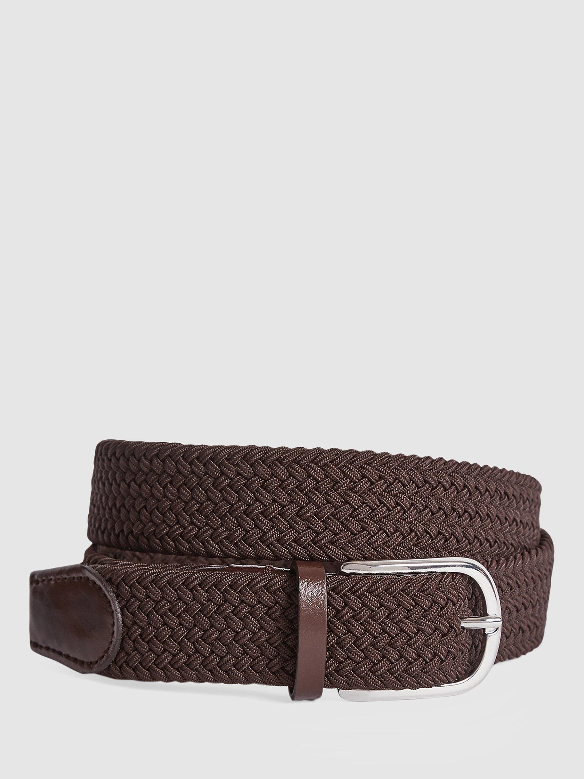 Product image 1 of 5, which shows Reiss Elmont Woven Belt, Dark Brown, 28R