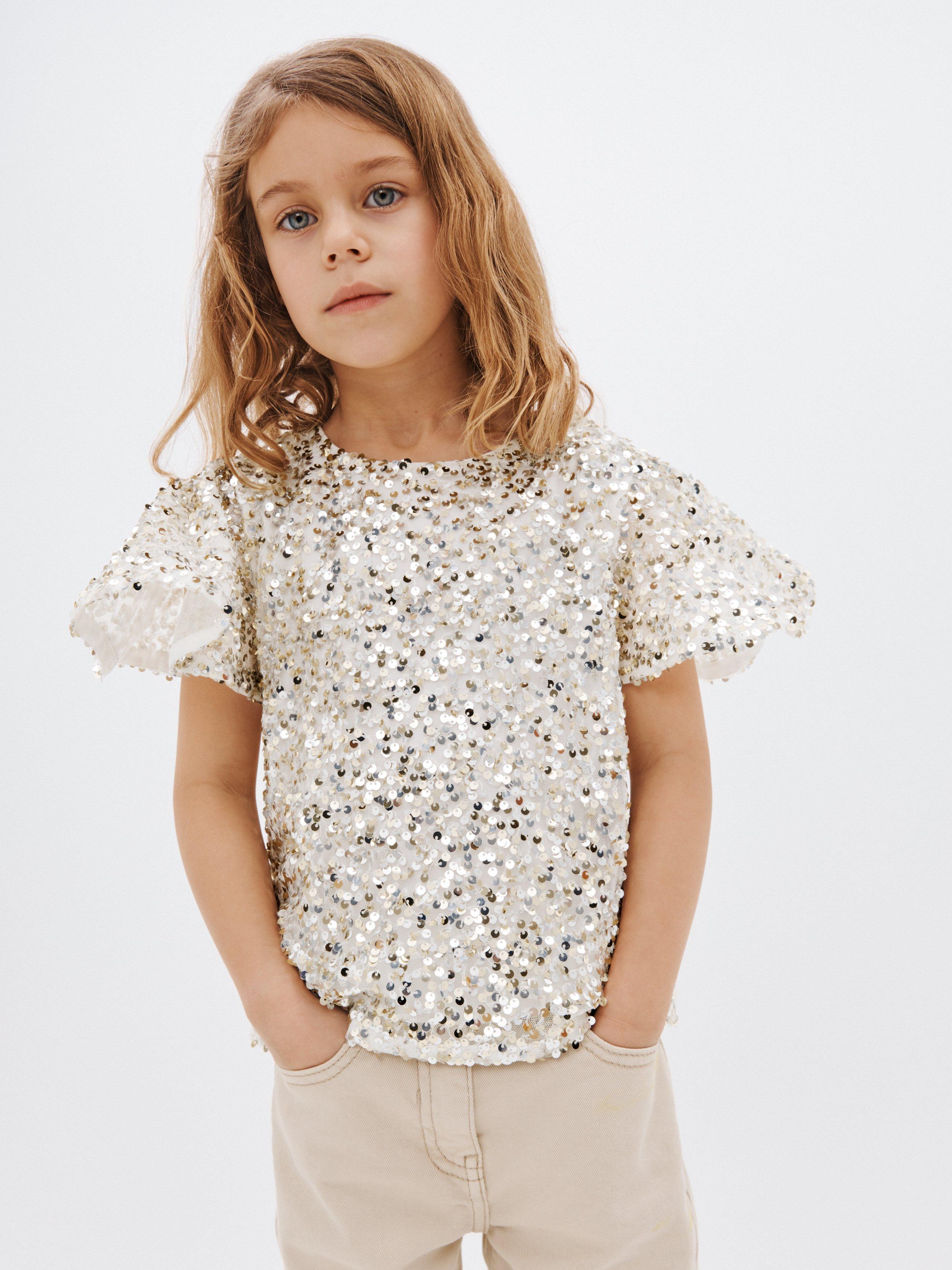 John Lewis Kids' Sequin Cap Sleeve Top, Light Gold