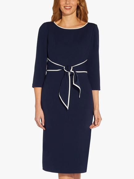 Adrianna Papell Tipped Crepe Tie Waist Midi Dress, Navy/Ivory