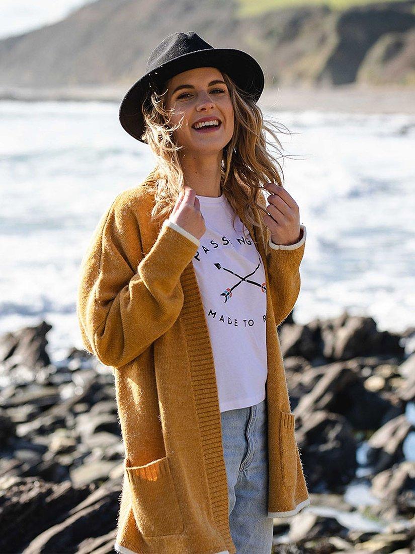 Product image 5 of 7, which shows Passenger West Coast Open Neck Cardigan, Sunset Yellow, XS