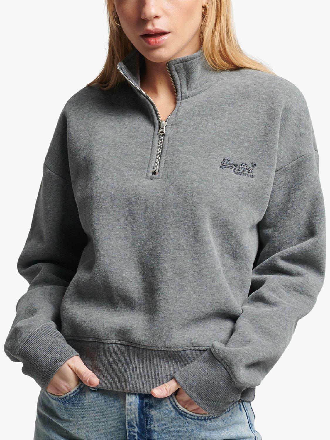 Superdry Organic Cotton Blend Vintage Logo Henley Sweatshirt, Rich Charcoal Marl