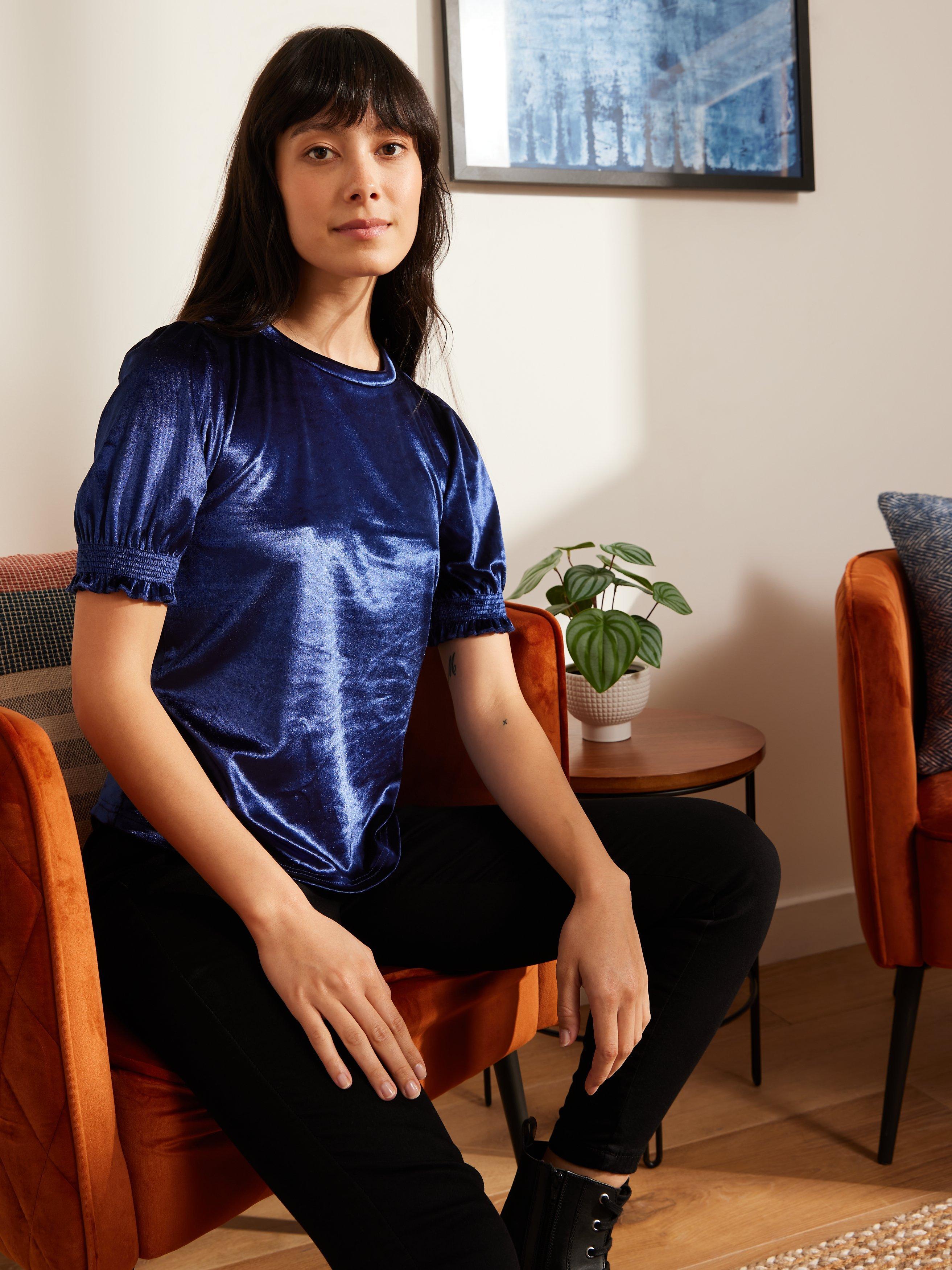 John Lewis ANYDAY Velvet Puff Sleeve Top, Blue, XS
