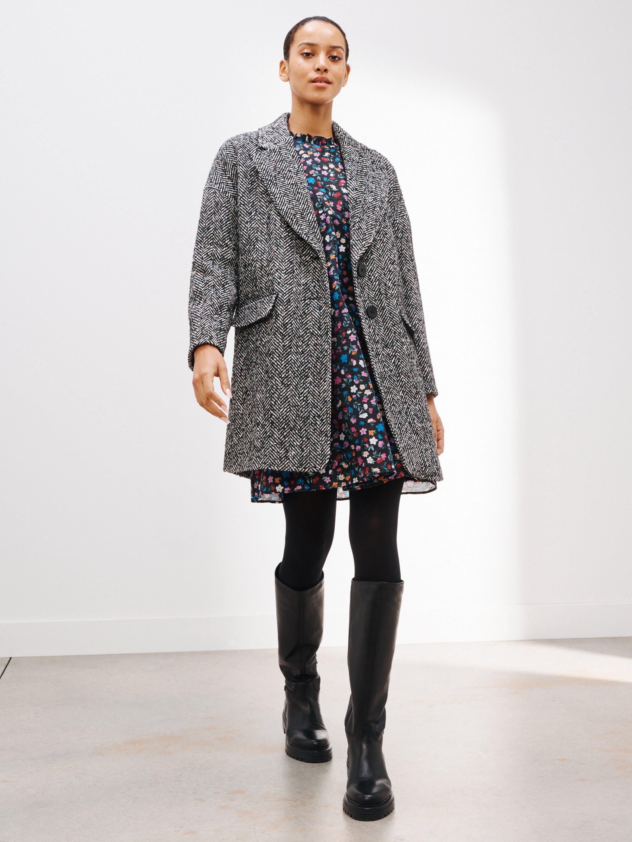 AND/OR Bree Herringbone Tweed Coat, Black/White