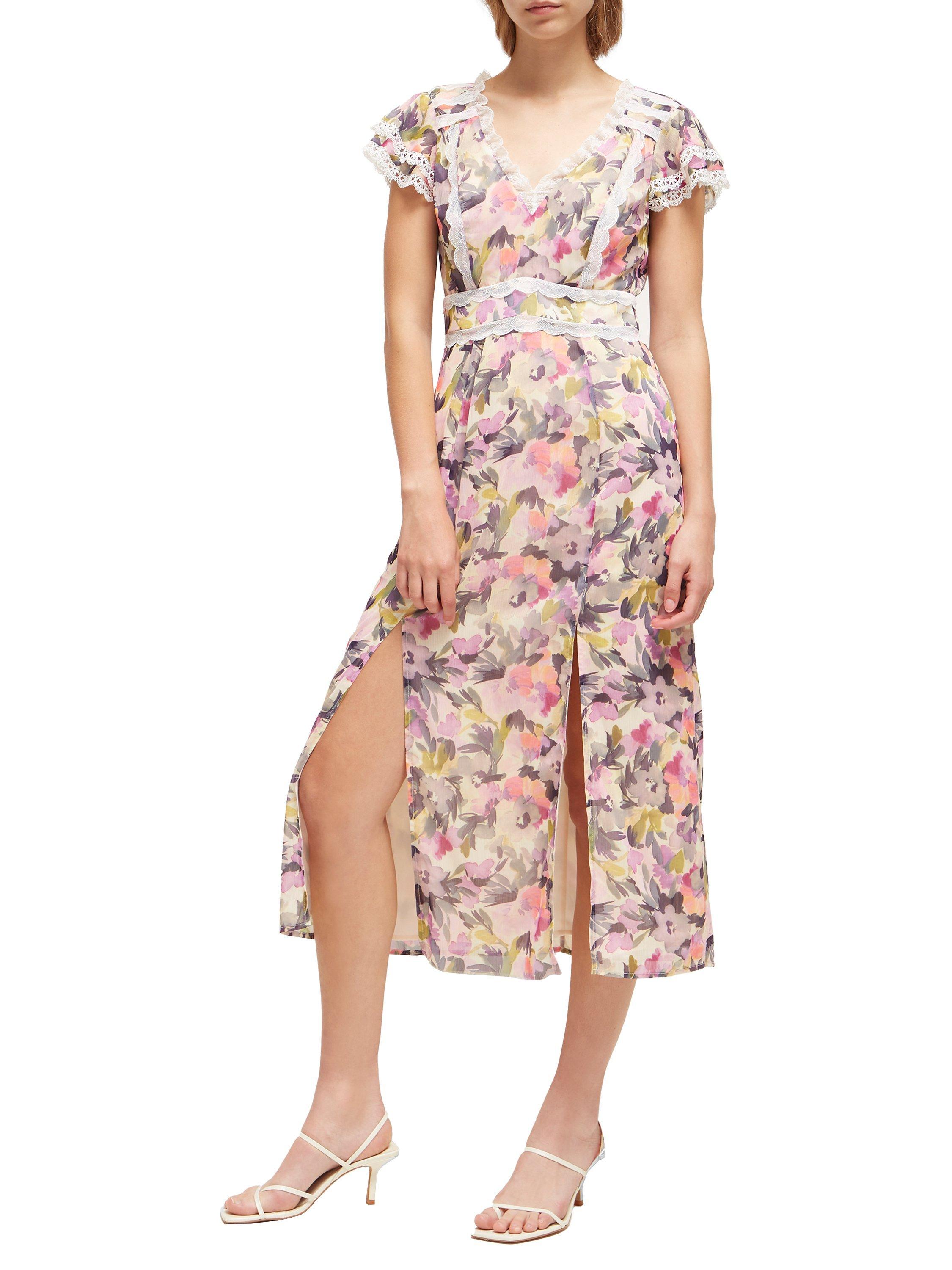 French Connection Crinkle Lace Trim Floral Midi Dress, Orchid Bouquet/Classic Cream