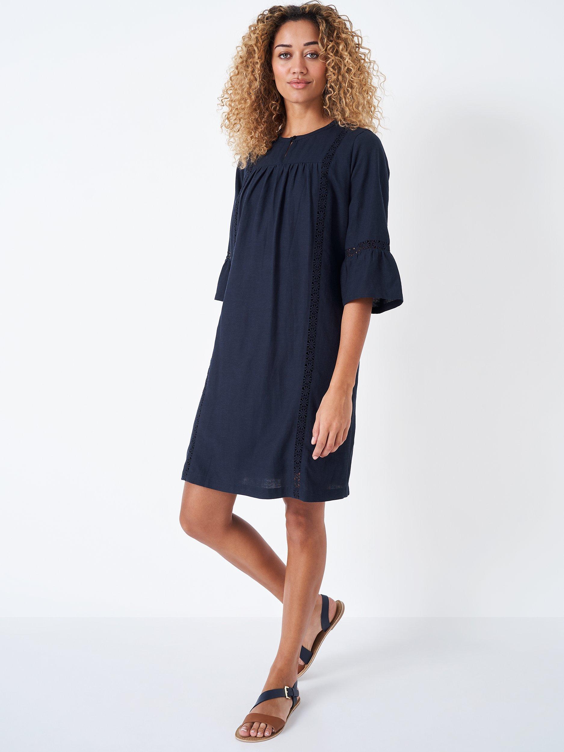 Crew Clothing Bell Sleeve Linen Blend Tunic Dress, Navy
