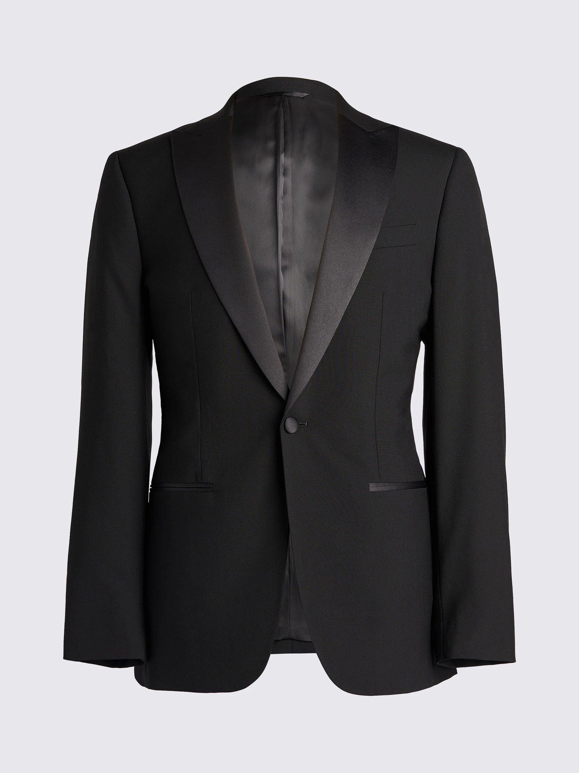 Product image 7 of 7, which shows Moss Tailored Fit Peak Lapel Wool Tuxedo Jacket, Black, 34R